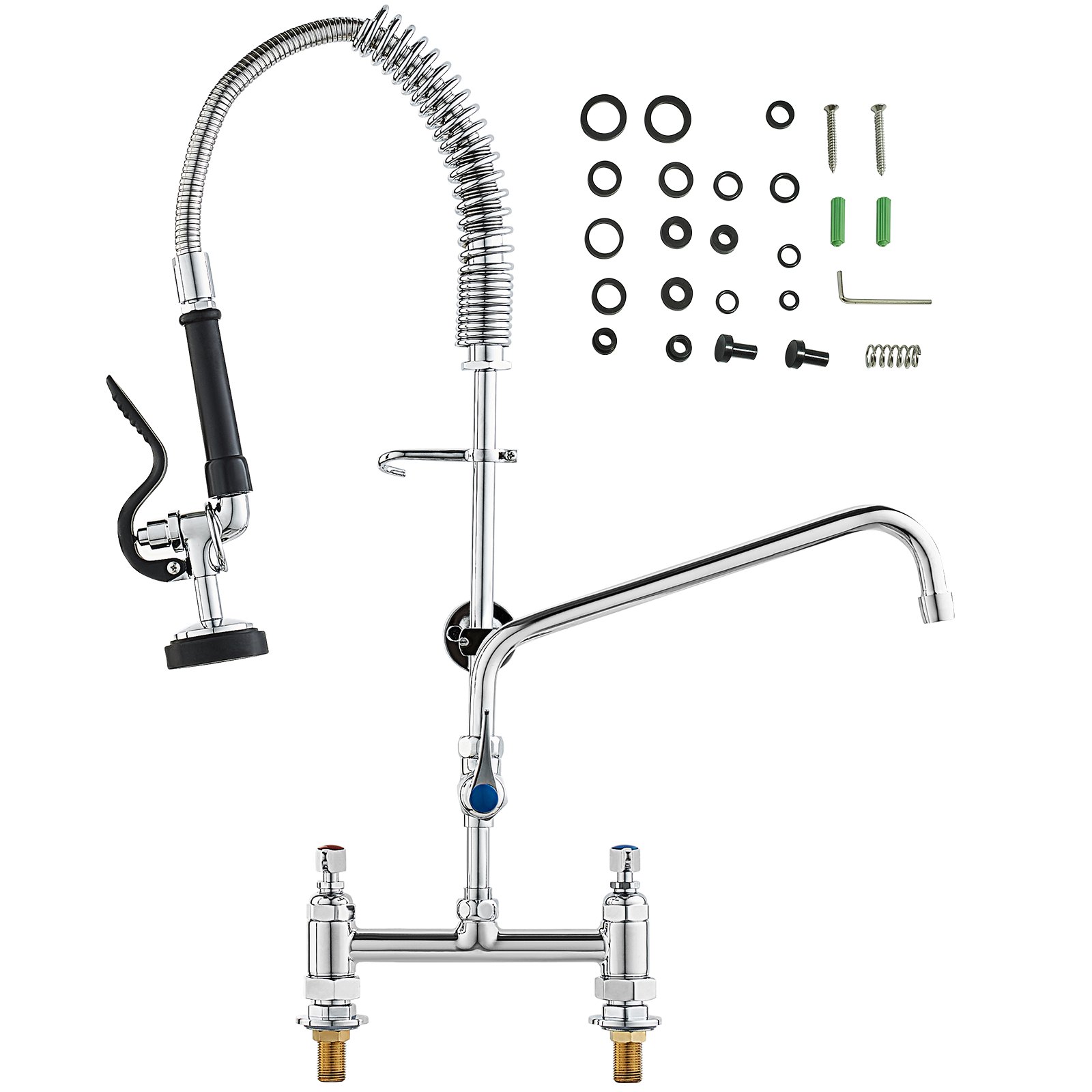 VEVOR Commercial Faucet with Pre-Rinse Sprayer, 26" (66 cm) Height, 8" (20.3 cm) Center, 12" (30.5 cm) Swing Spout, Deck Mount Kitchen Sink Faucet, Brass Constructed Device with Pull Down Spray, for 1/2/3 Compartment Sink