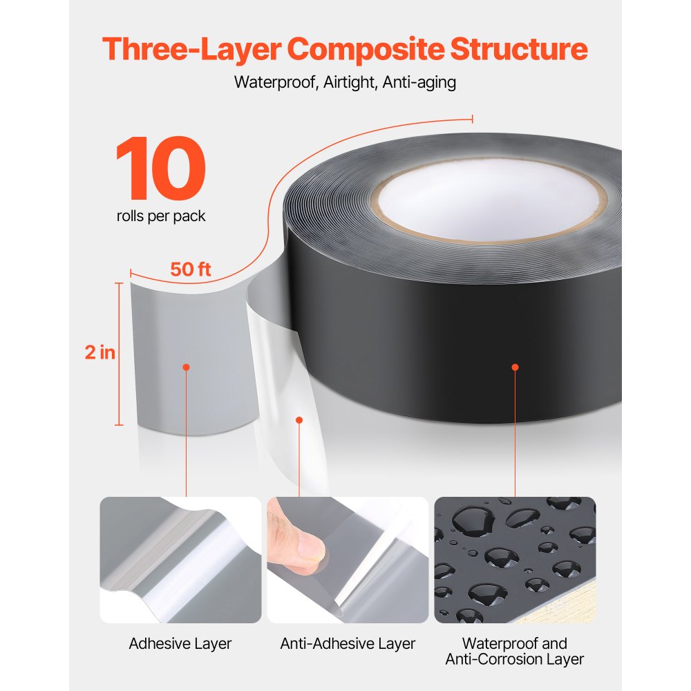 VEVOR Deck Joist Tape, 2 inch x 50 ft, 10 Pack, Weather-Resistant Waterproof Flashing Butyl Joist Tape for Decking, Self-Adhesive, for Wood Decks, Beams Roofs, RVs, House, and Pipes Repair, Black