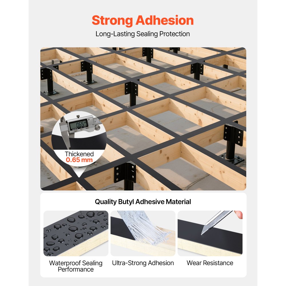 VEVOR Deck Joist Tape, 2 inch x 50 ft, 10 Pack, Weather-Resistant Waterproof Flashing Butyl Joist Tape for Decking, Self-Adhesive, for Wood Decks, Beams Roofs, RVs, House, and Pipes Repair, Black