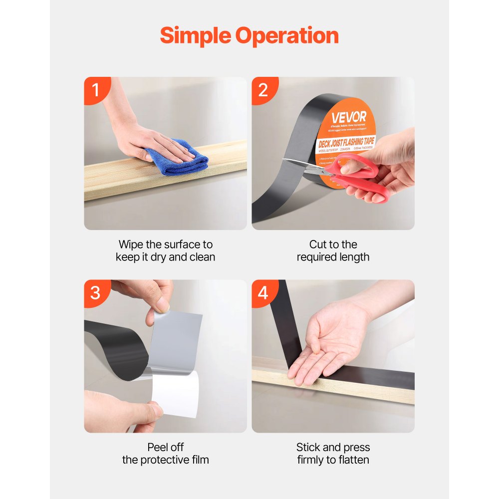 VEVOR Deck Joist Tape, 2 inch x 50 ft, 10 Pack, Weather-Resistant Waterproof Flashing Butyl Joist Tape for Decking, Self-Adhesive, for Wood Decks, Beams Roofs, RVs, House, and Pipes Repair, Black