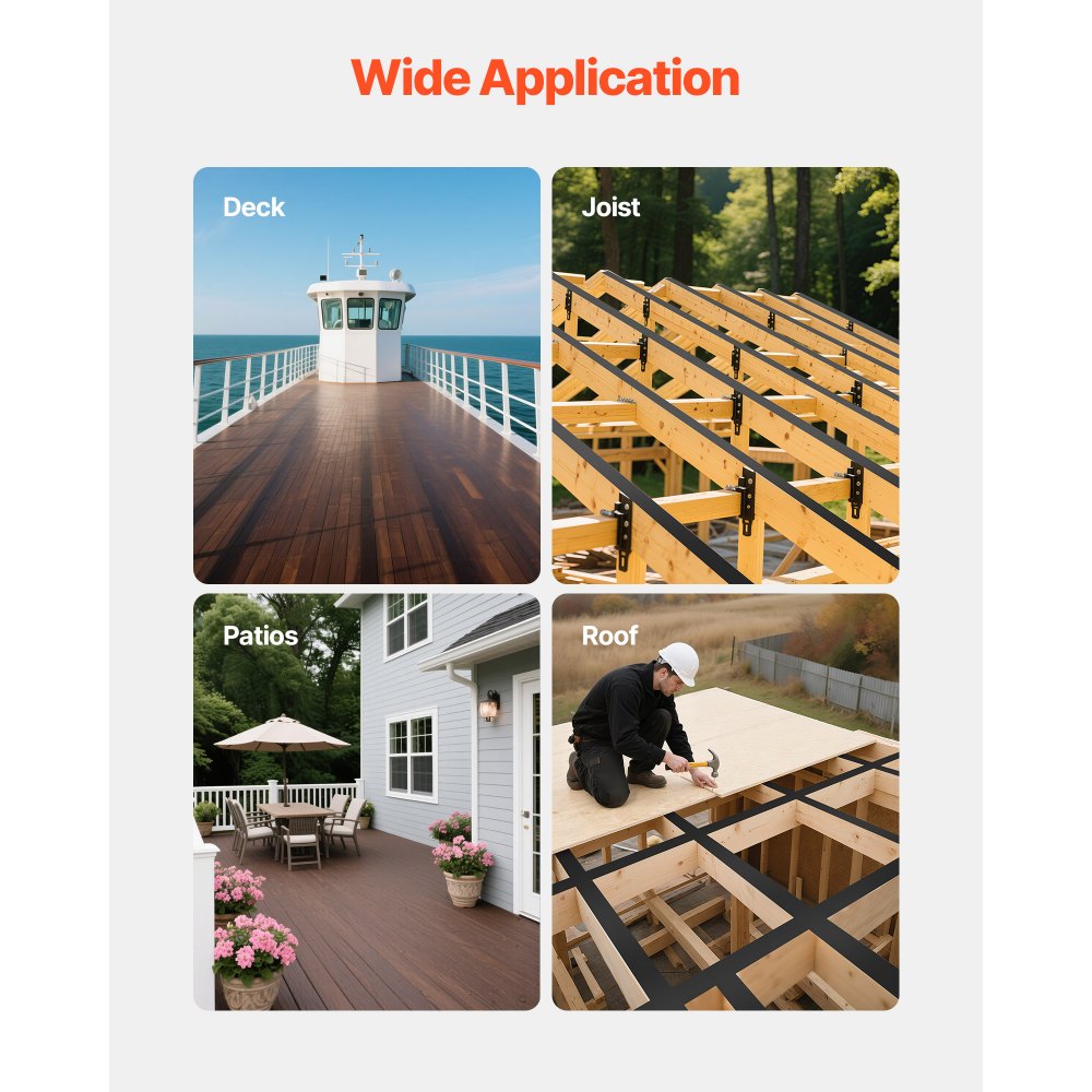 VEVOR Deck Joist Tape, 2 inch x 50 ft, 10 Pack, Weather-Resistant Waterproof Flashing Butyl Joist Tape for Decking, Self-Adhesive, for Wood Decks, Beams Roofs, RVs, House, and Pipes Repair, Black