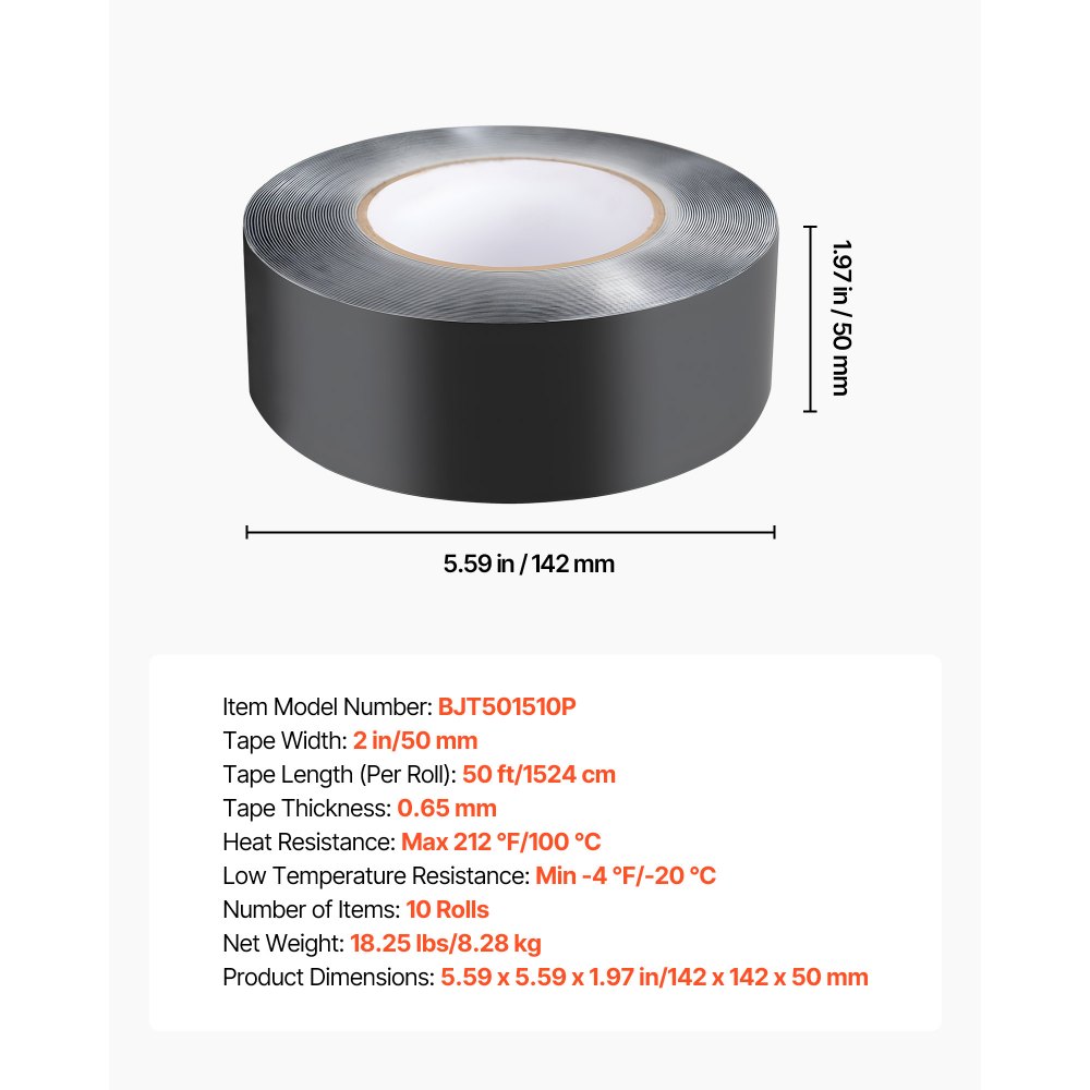 VEVOR Deck Joist Tape, 2 inch x 50 ft, 10 Pack, Weather-Resistant Waterproof Flashing Butyl Joist Tape for Decking, Self-Adhesive, for Wood Decks, Beams Roofs, RVs, House, and Pipes Repair, Black