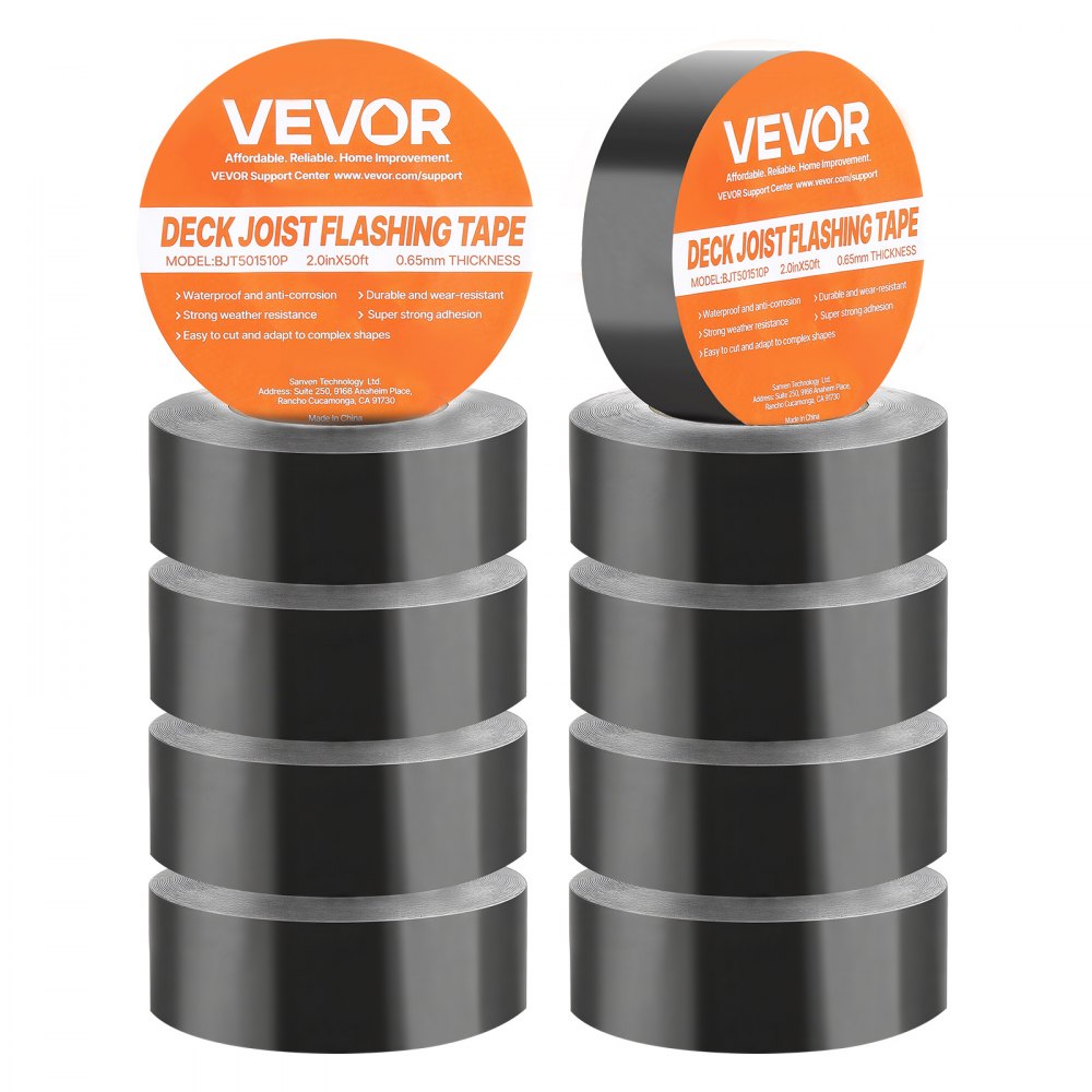 VEVOR Deck Joist Tape, 2 inch x 50 ft, 10 Pack, Weather-Resistant Waterproof Flashing Butyl Joist Tape for Decking, Self-Adhesive, for Wood Decks, Beams Roofs, RVs, House, and Pipes Repair, Black