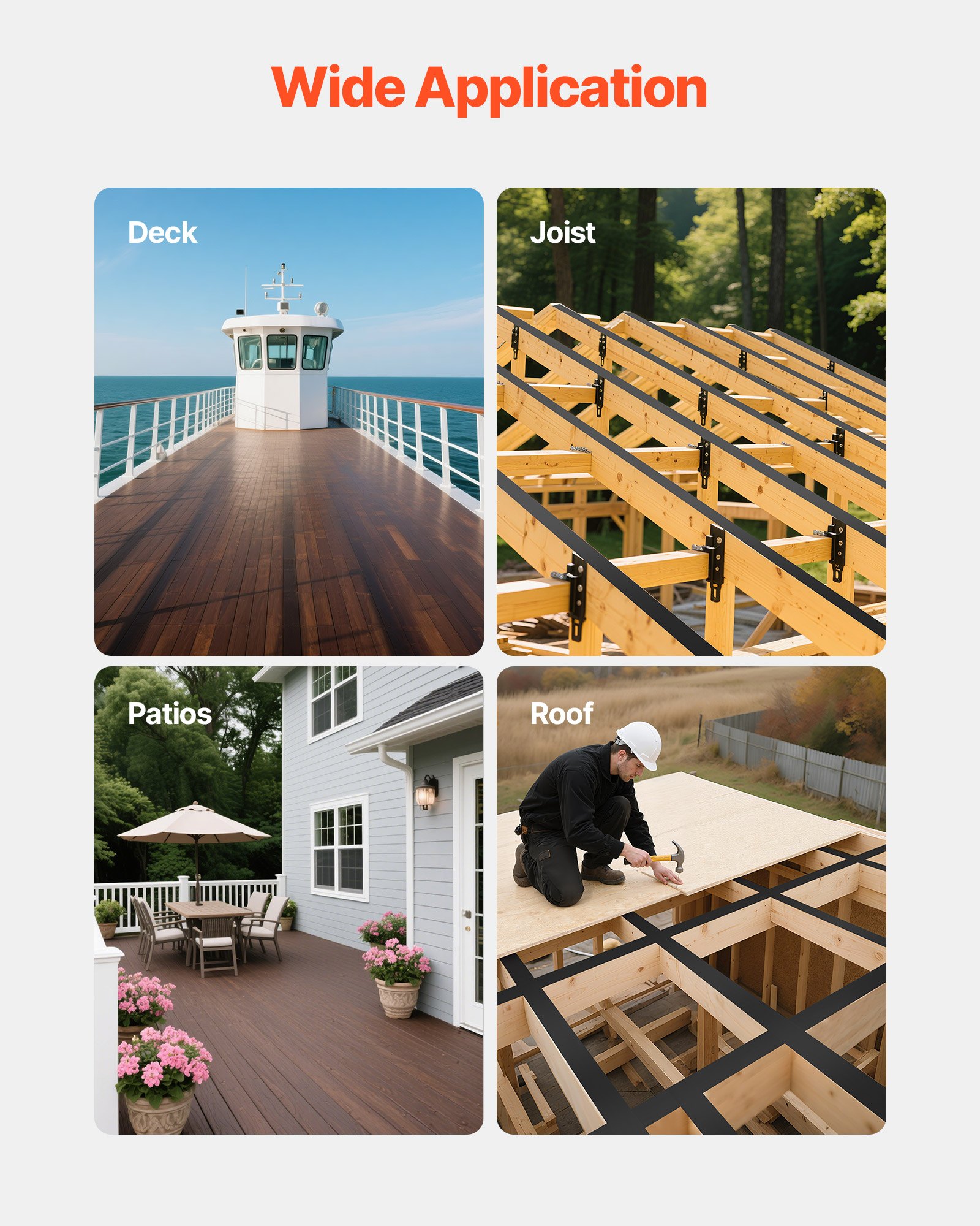 VEVOR Deck Joist Tape, 2 inch x 50 ft, 10 Pack, Weather-Resistant Waterproof Flashing Butyl Joist Tape for Decking, Self-Adhesive, for Wood Decks, Beams Roofs, RVs, House, and Pipes Repair, Black