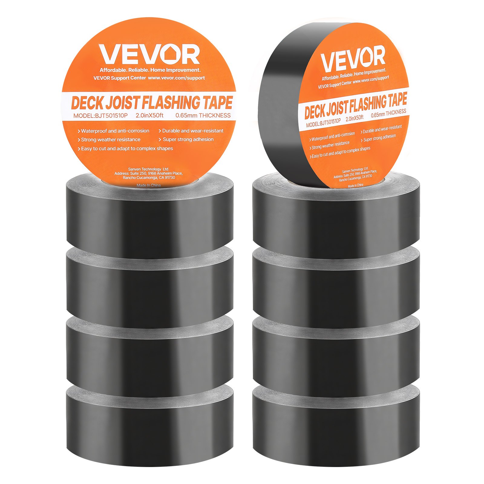 VEVOR Deck Joist Tape, 2 inch x 50 ft, 10 Pack, Weather-Resistant Waterproof Flashing Butyl Joist Tape for Decking, Self-Adhesive, for Wood Decks, Beams Roofs, RVs, House, and Pipes Repair, Black