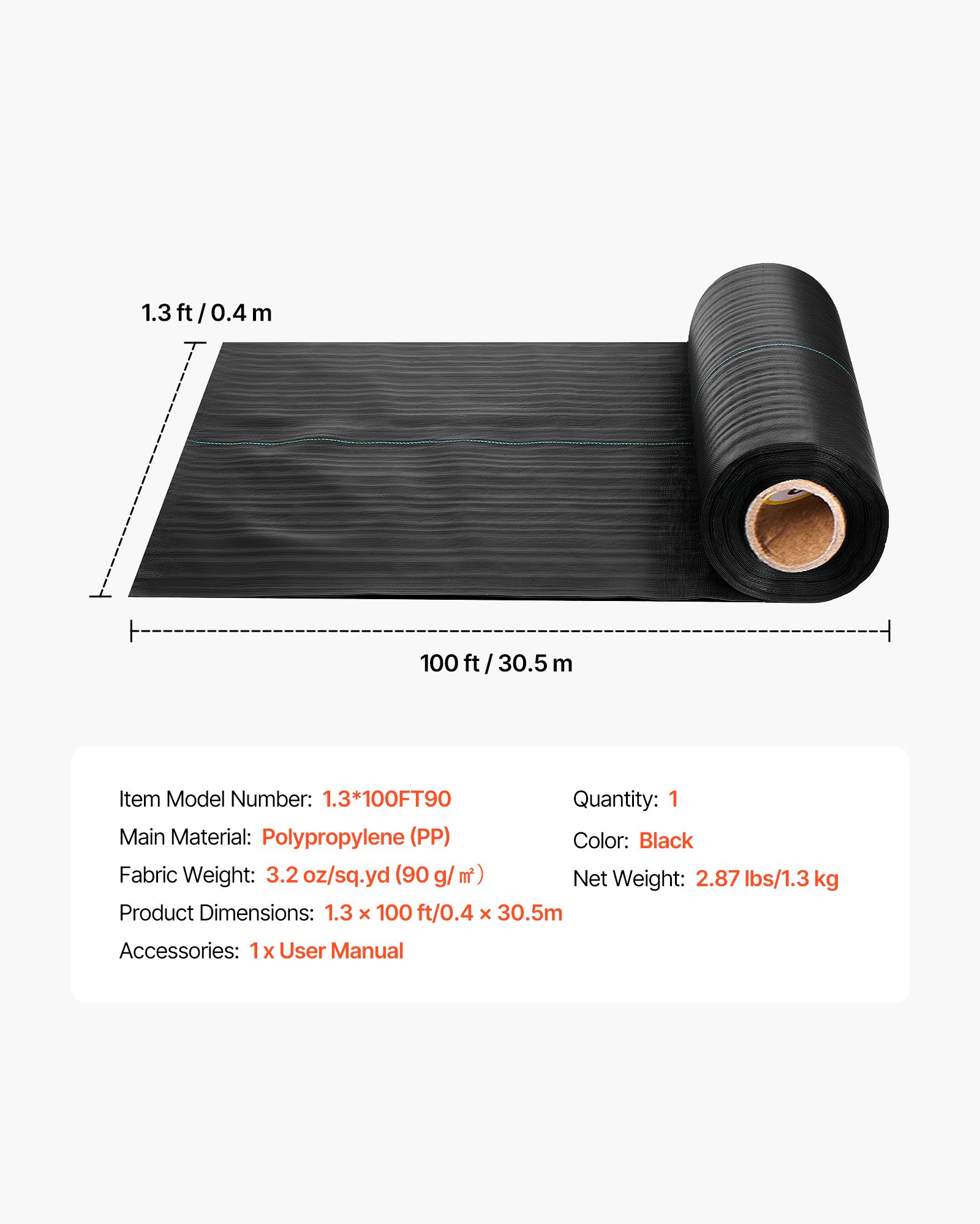 VEVOR Weed Barrier Fabric Heavy Duty, 1.3x100FT 3.2oz Landscape Fabric, Woven Weed Blocker Fabrics, Garden Fabrics Weeds Barrier, Weeds Control Ground Cover, Geotextile Webbing, Gardening Mat, Black