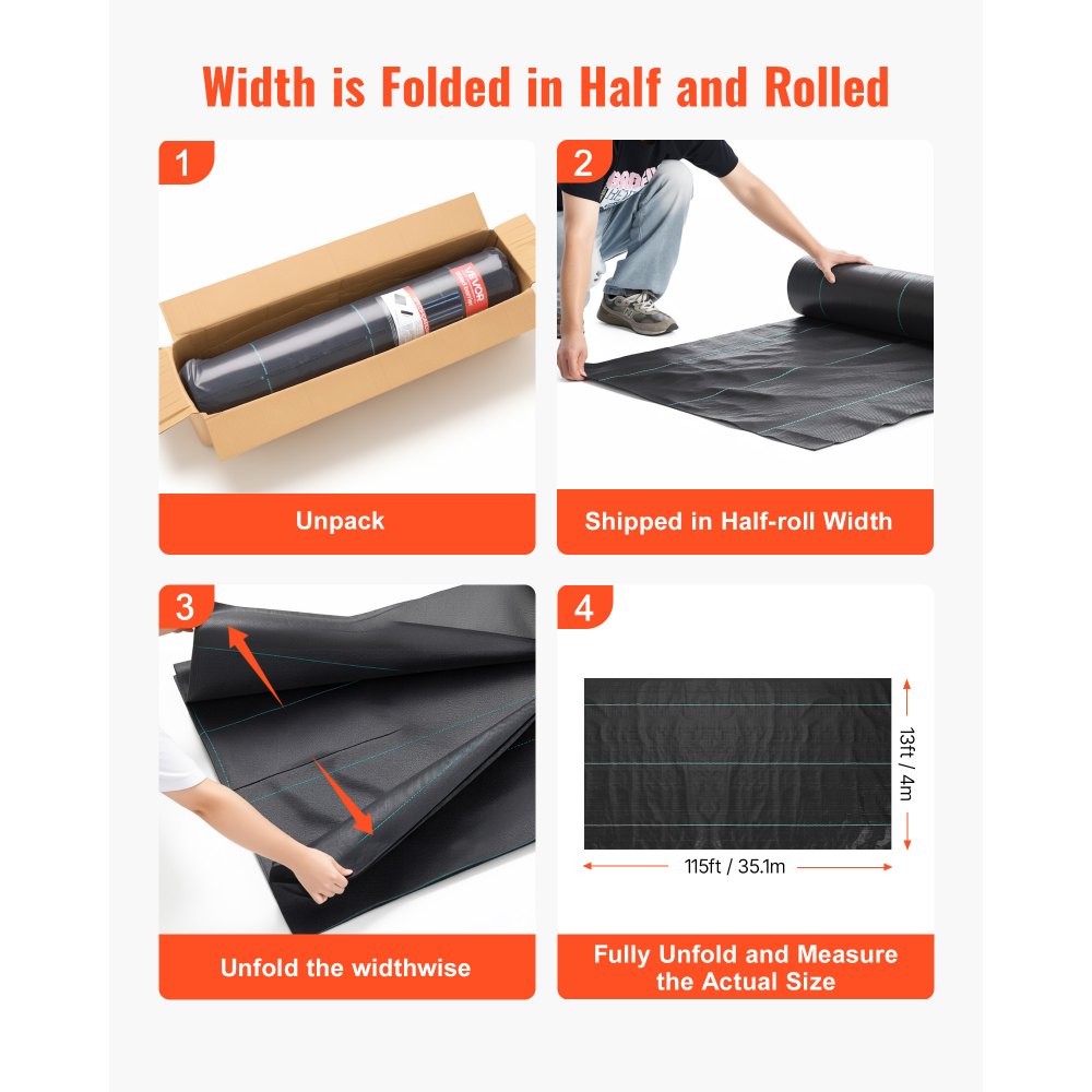 VEVOR Weed Barrier Fabric Heavy Duty, 13x115FT 3.5oz Landscape Fabric, Woven Weed Blocker Fabrics, Garden Fabrics Weeds Barrier, Weeds Control Ground Cover, Geotextile Webbing, Gardening Mat, Black