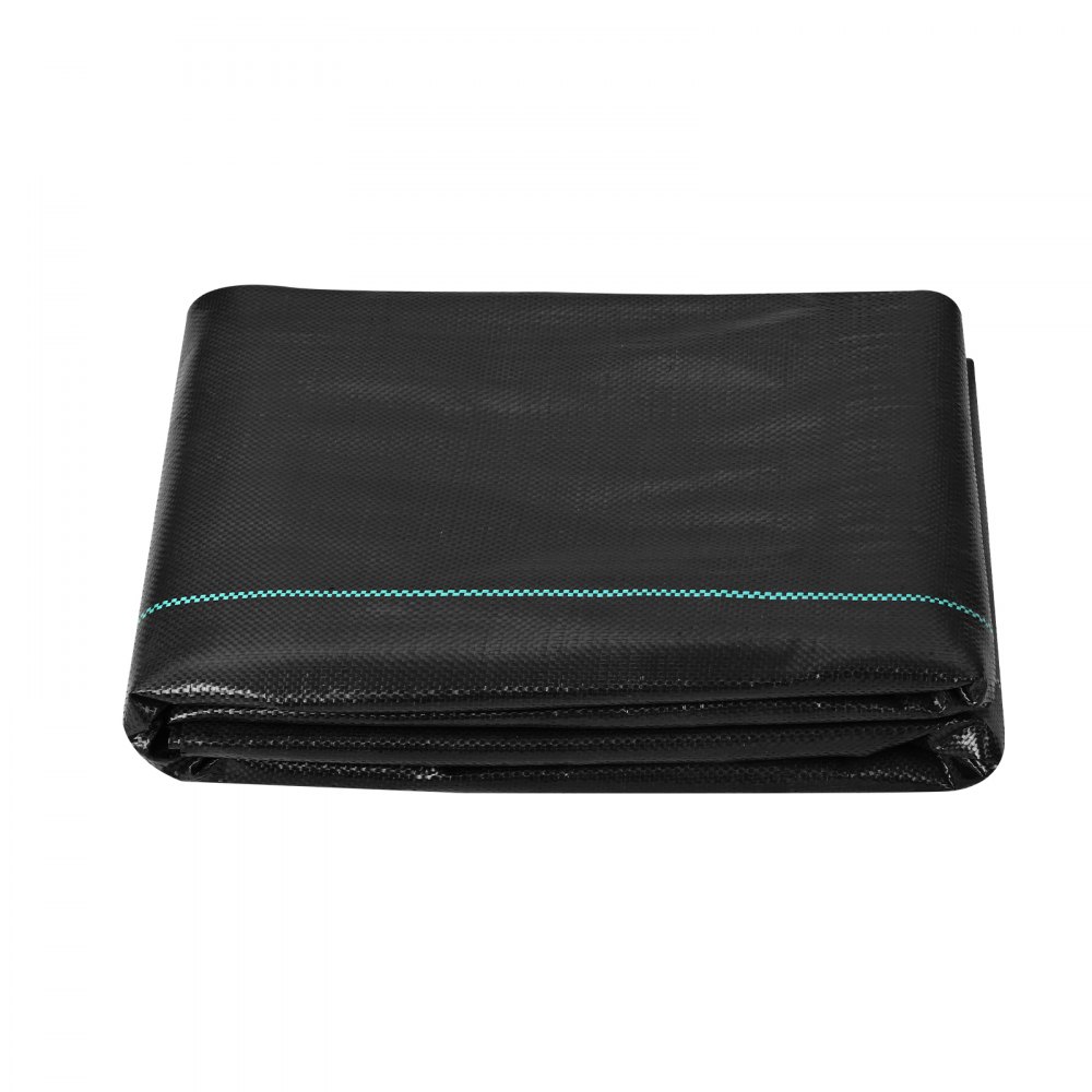 folded black VEVOR weed barrier fabric with blue stitching, suitable for garden and landscape use.