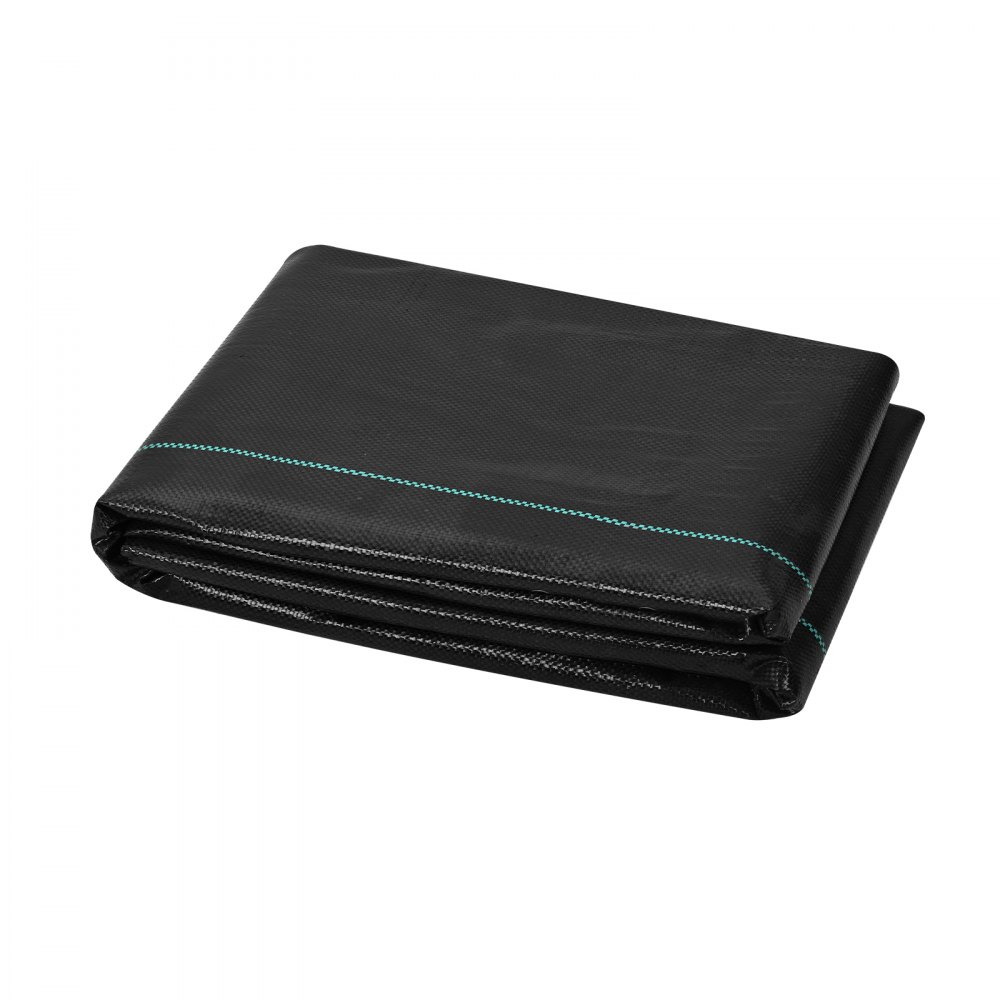 folded black VEVOR weed barrier fabric with blue stripes on a white background.