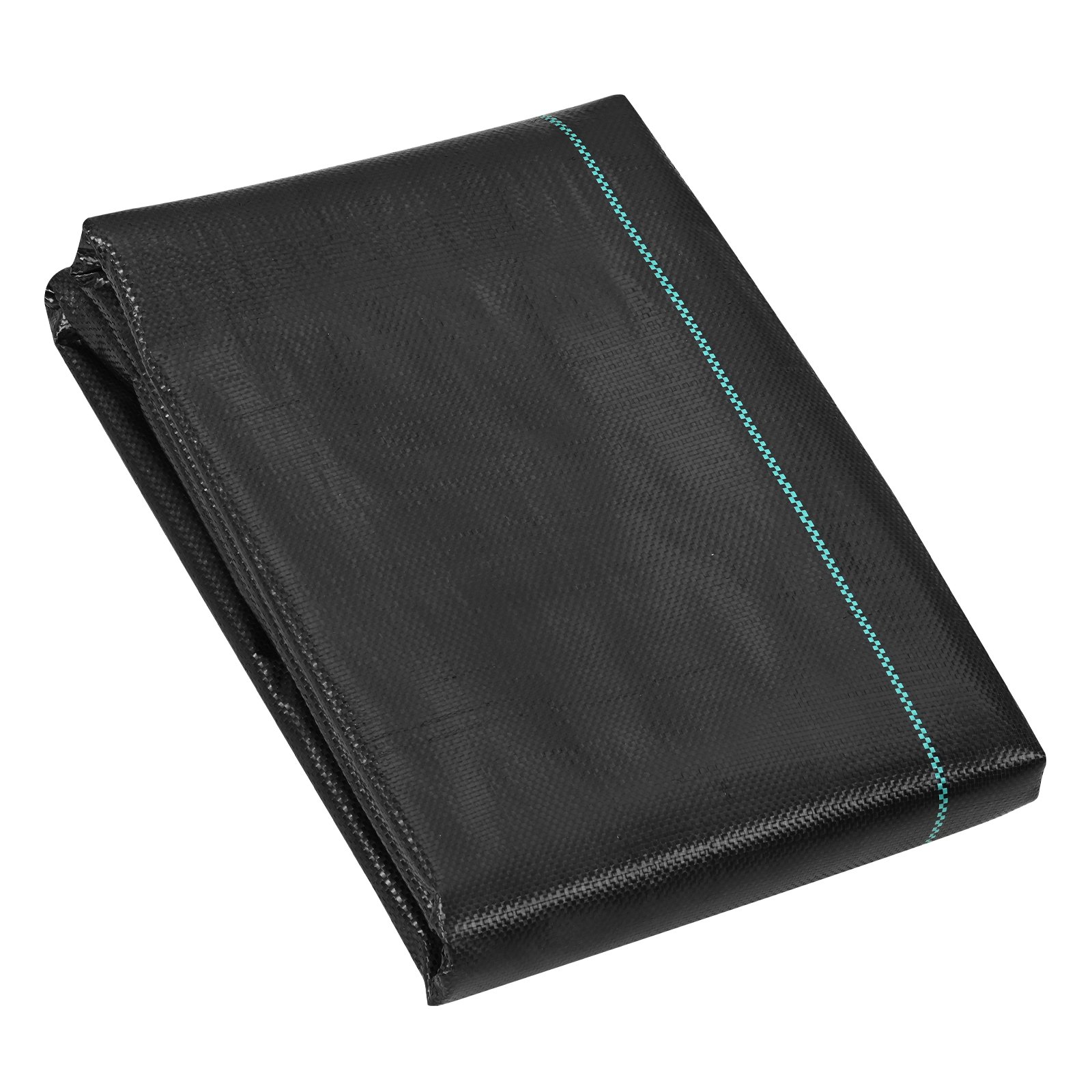 folded black VEVOR weed barrier fabric with green stitching, suitable for garden landscaping.