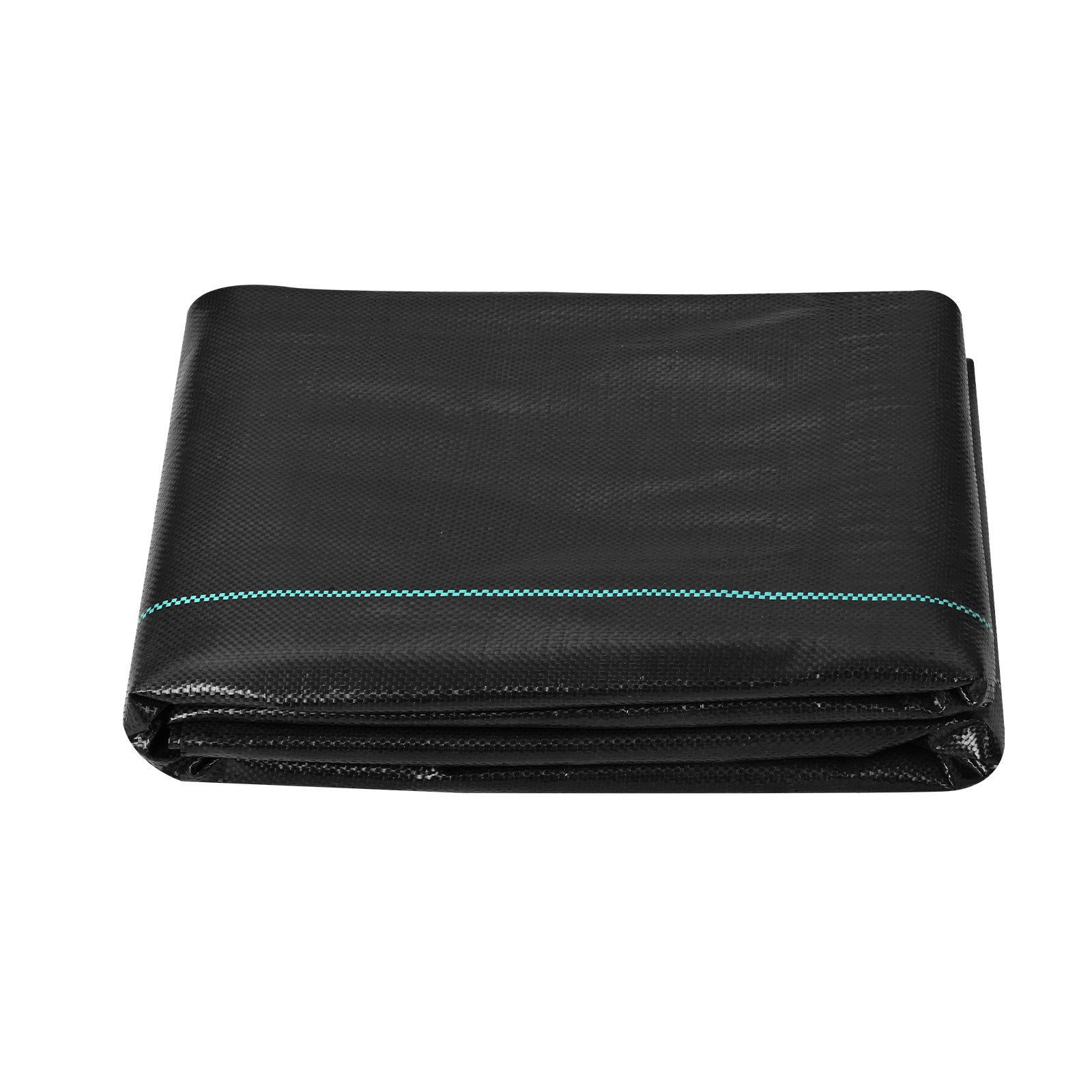 folded black VEVOR weed barrier fabric with blue stitching, suitable for garden and landscape use.