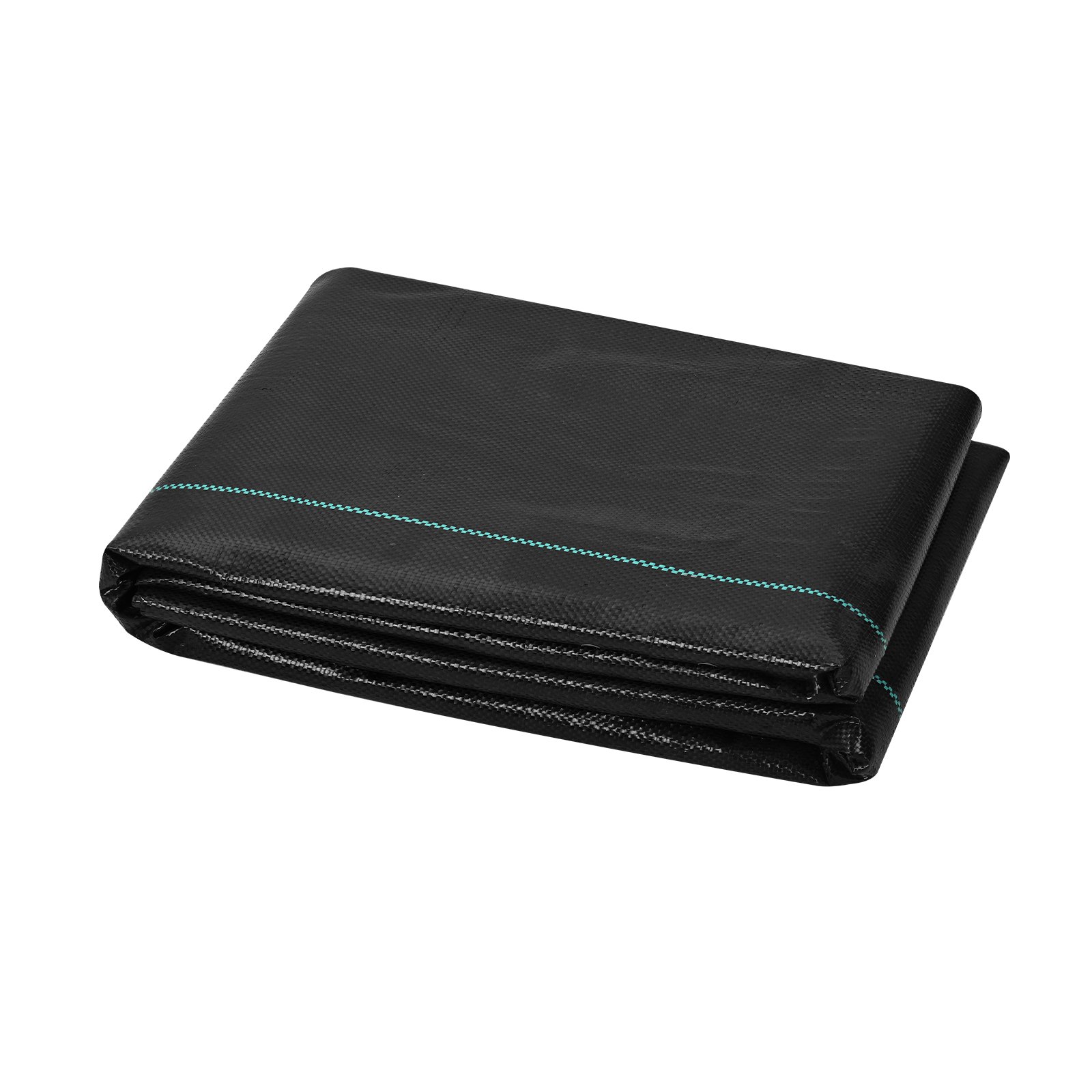 folded black VEVOR weed barrier fabric with blue stripes on a white background.