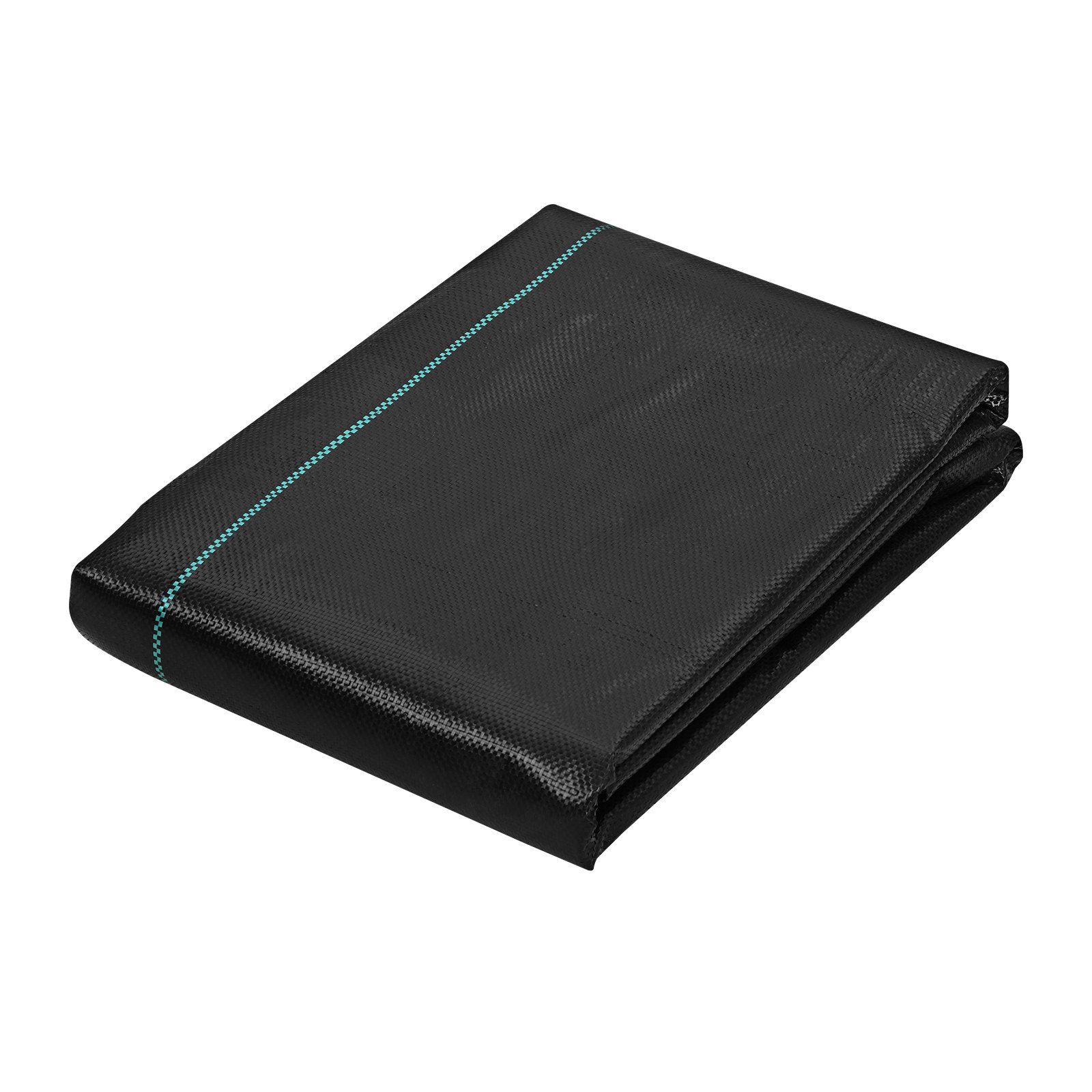folded black VEVOR weed barrier fabric with green stitching, perfect for garden use.