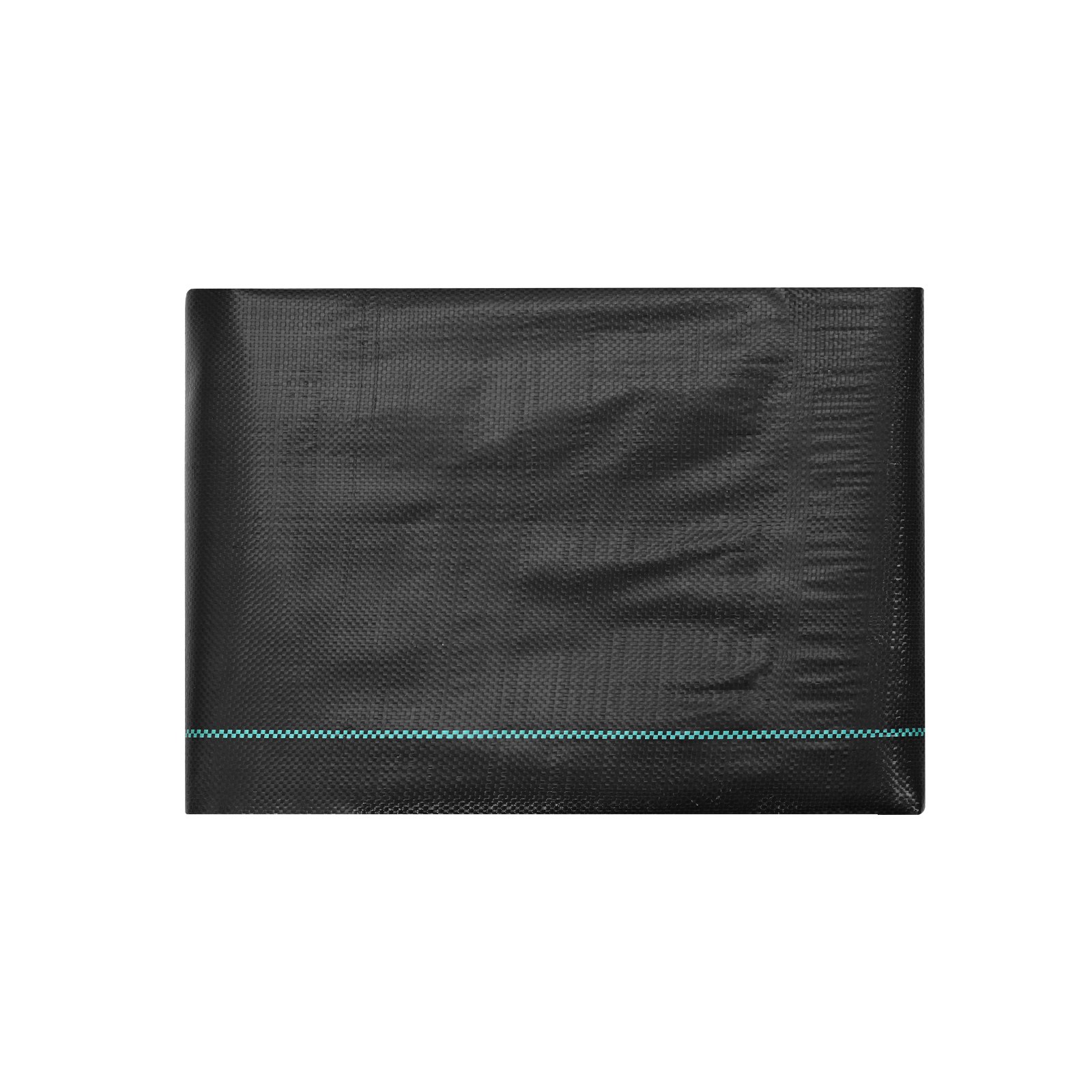 black VEVOR weed barrier fabric with a blue stitched line, folded neatly for easy use in gardening.