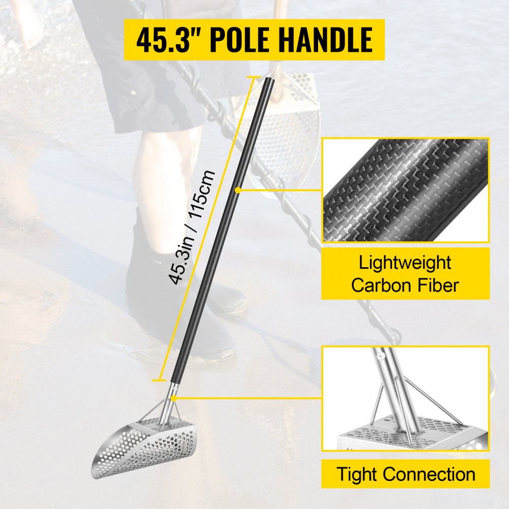VEVOR Metal Detector Sand Scoop, Stainless Steel Metal Detecting Beach Scoop Scoops, 10 MM Hole Beach Metal Detector Scoop Shovel, with Carbon Fiber Handle Pole, for Metal Detecting Treasure Hunting