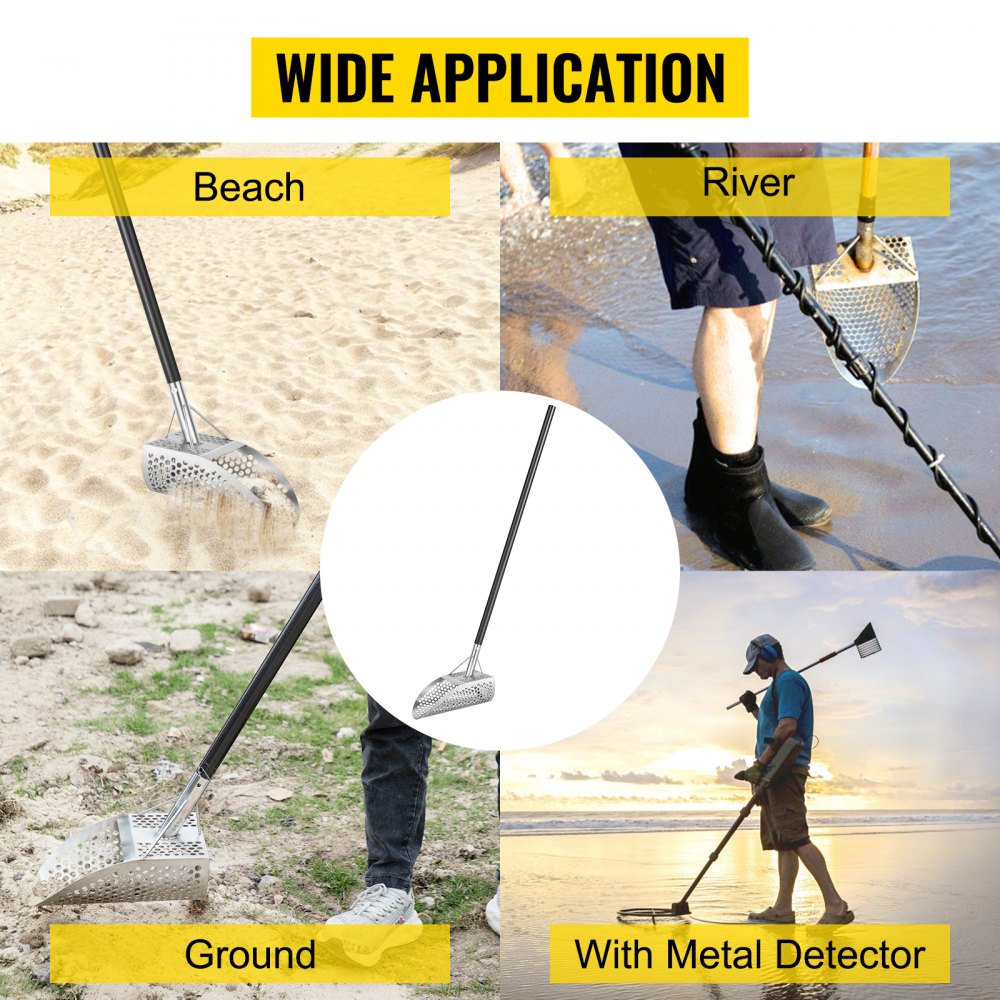 VEVOR Metal Detector Sand Scoop, Stainless Steel Metal Detecting Beach Scoop Scoops, 10 MM Hole Beach Metal Detector Scoop Shovel, with Carbon Fiber Handle Pole, for Metal Detecting Treasure Hunting