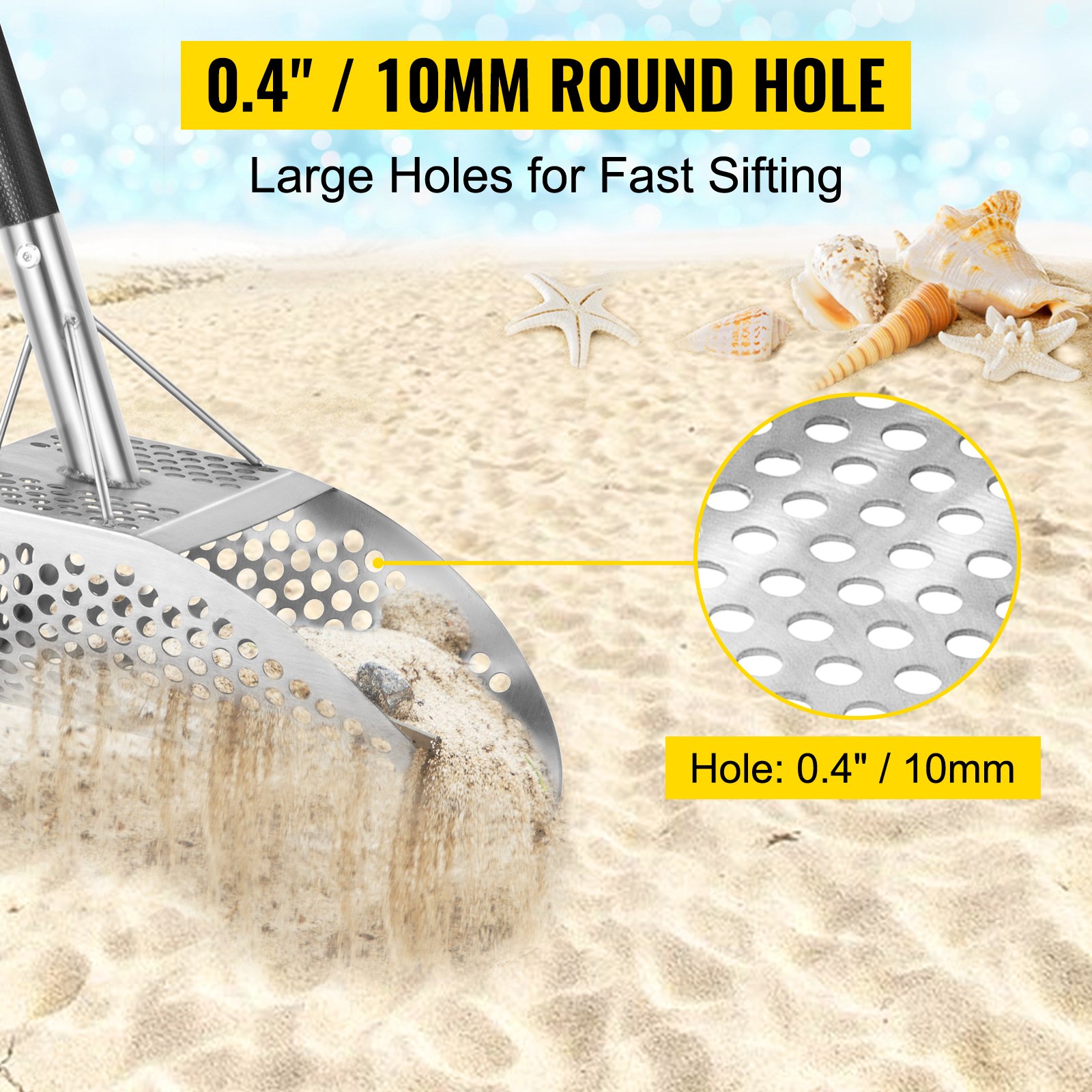 VEVOR Metal Detector Sand Scoop, Stainless Steel Metal Detecting Beach Scoop Scoops, 10 MM Hole Beach Metal Detector Scoop Shovel, with Carbon Fiber Handle Pole, for Metal Detecting Treasure Hunting