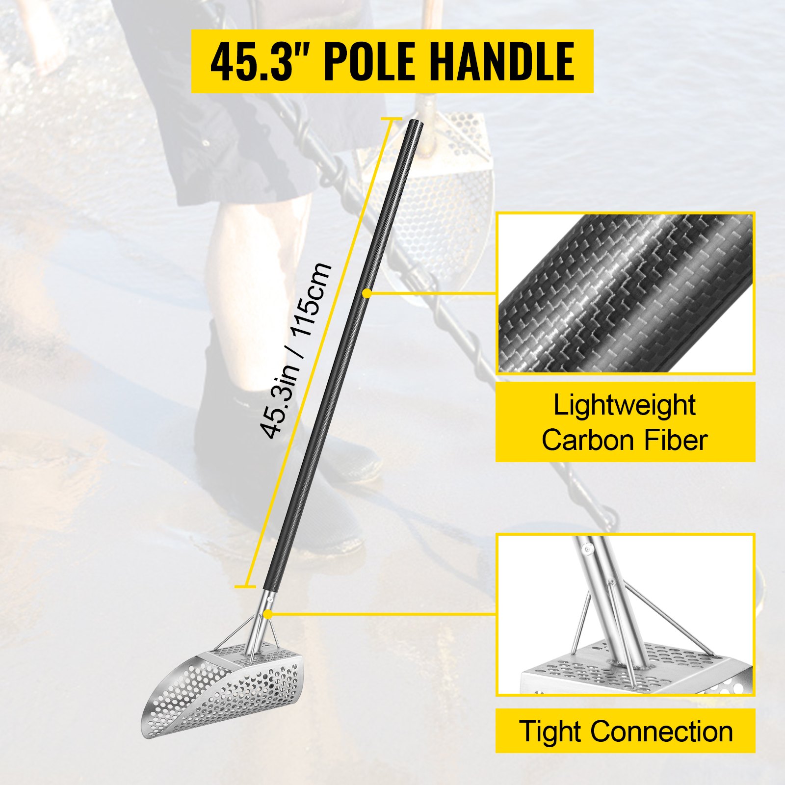 VEVOR Metal Detector Sand Scoop, Stainless Steel Metal Detecting Beach Scoop Scoops, 10 MM Hole Beach Metal Detector Scoop Shovel, with Carbon Fiber Handle Pole, for Metal Detecting Treasure Hunting