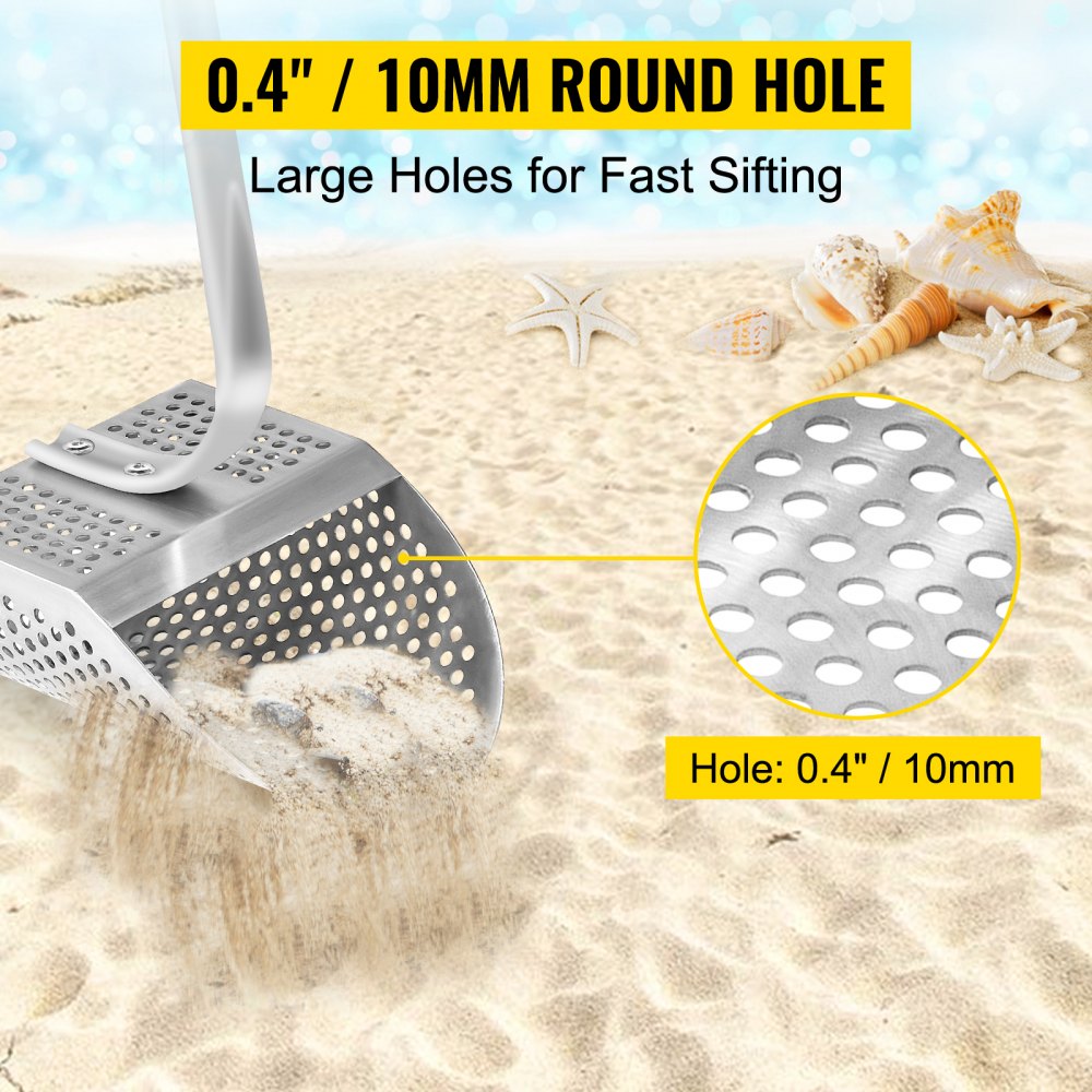 Metal Detector Sand Scoop, Stainless Steel Metal Detecting Beach Scoop Scoops, 10 MM Hole Beach Metal Detector Scoop Shovel, w/ Stainless Steel Handle Pole, for Metal Detecting Treasure Hunting Metal Detector Sand Scoop, Stainless Steel Metal Detecting Beach Scoop Scoops, 10 MM Hole Beach Metal Detector Scoop Shovel, w/ Stainless Steel Handle Pole, for Metal Detecting Treasure Hunting