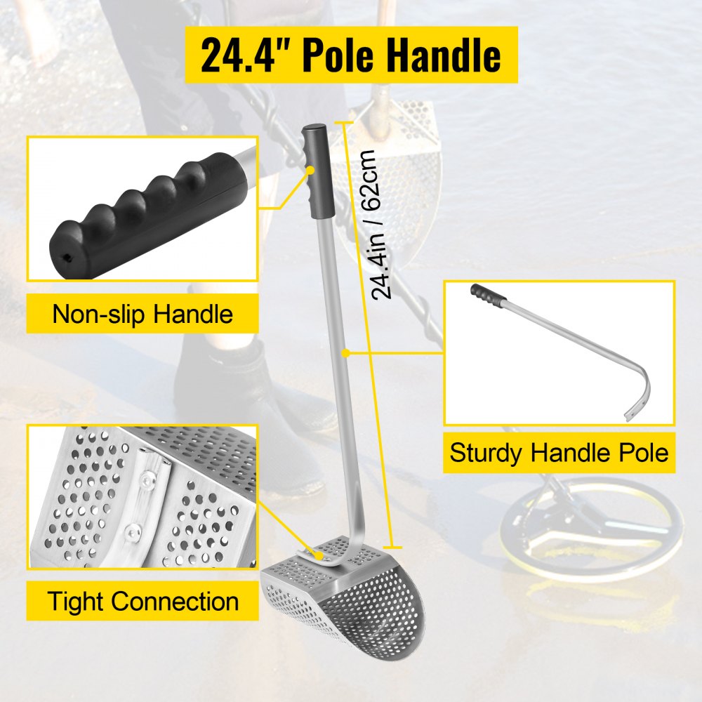 Metal Detector Sand Scoop, Stainless Steel Metal Detecting Beach Scoop Scoops, 10 MM Hole Beach Metal Detector Scoop Shovel, w/ Stainless Steel Handle Pole, for Metal Detecting Treasure Hunting