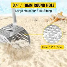 VEVOR Metal Detector Sand Scoop, Stainless Steel Metal Detecting Beach Scoop Scoops, 10 MM Hole Beach Metal Detector Scoop Shovel, w/ Stainless Steel Handle Pole, for Metal Detecting Treasure Hunting