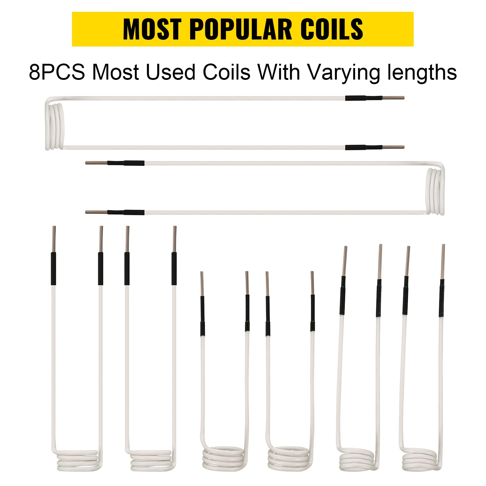 8pcs VEVOR induction heater coil kit with varying lengths, labeled &quot;most popular coils&quot;.