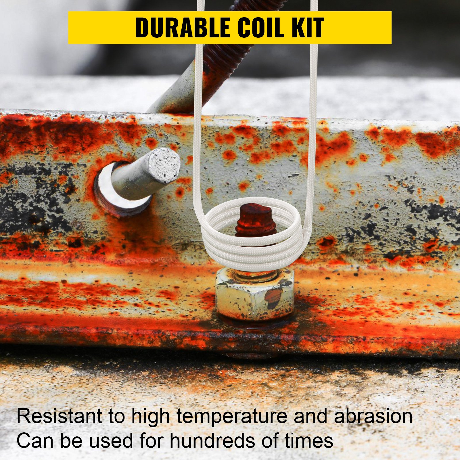VEVOR induction heater coil kit around a rusty bolt on a weathered metal surface.