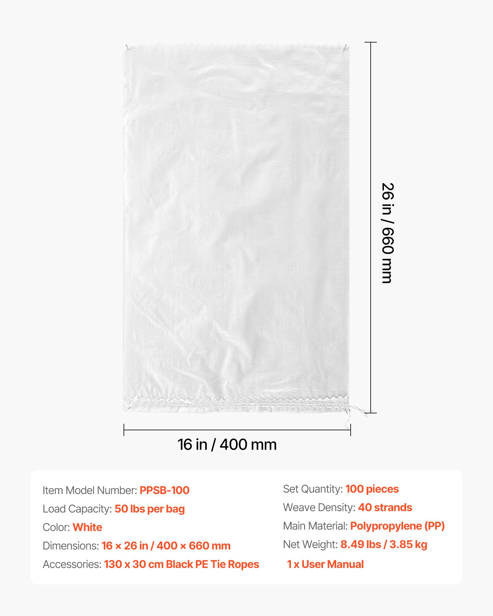 VEVOR Empty Sandbags, 100 Packs 40 x 66 cm, Heavy Duty Sand Bags Sacks with Ties, 22.6kg Capacity Woven Polypropylene Sandbags, Tear-Resistant & UV-Resistant Sand Bags for Flood Protection Barrier