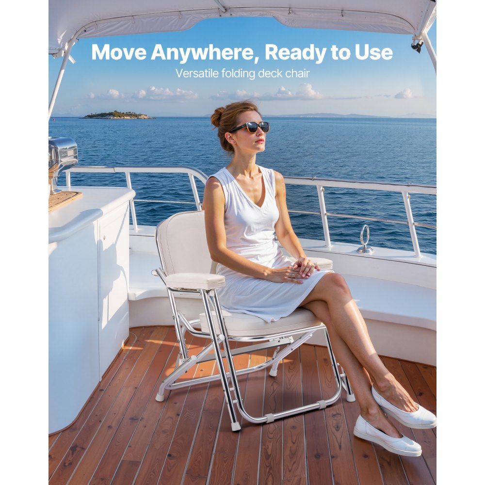VEVOR Boat Seat, Folding Deck Chair Boat Seat with Aluminum Alloy Frame, Thickened Sponge Cushion & Waterproof PVC Leather, Padded Armrests & Non-slip Foot Pads, for Boats, Yachts, Ships, White