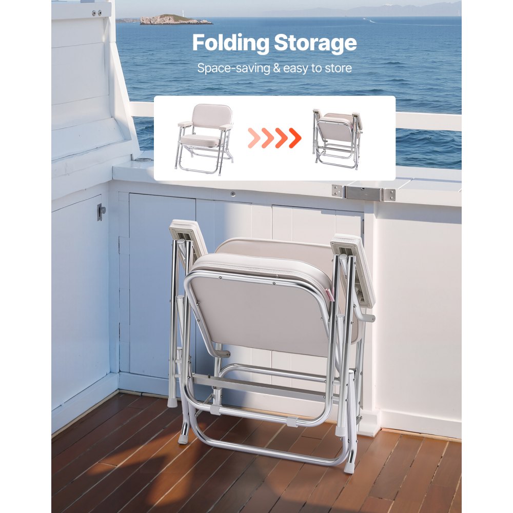 VEVOR Boat Seat, Folding Deck Chair Boat Seat with Aluminum Alloy Frame, Thickened Sponge Cushion & Waterproof PVC Leather, Padded Armrests & Non-slip Foot Pads, for Boats, Yachts, Ships, White