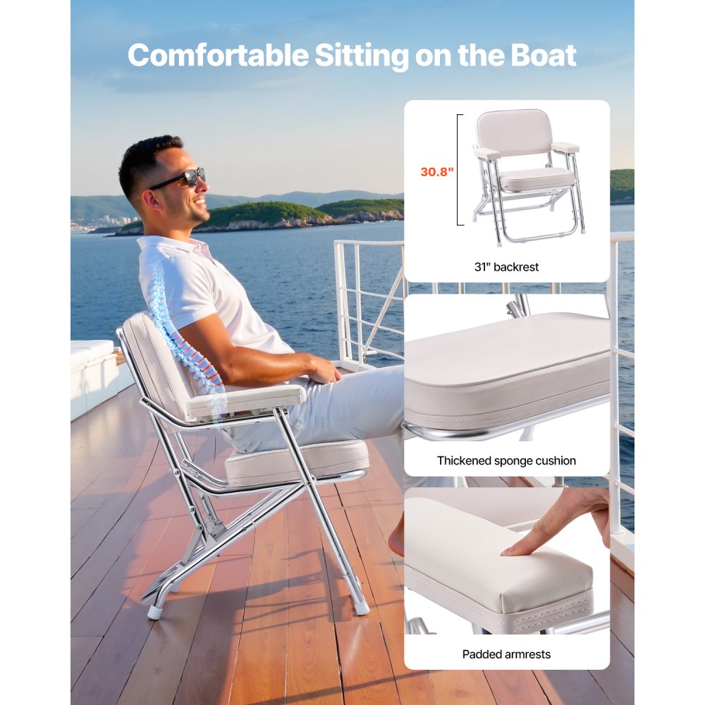 VEVOR Boat Seat, Folding Deck Chair Boat Seat with Aluminum Alloy Frame, Thickened Sponge Cushion & Waterproof PVC Leather, Padded Armrests & Non-slip Foot Pads, for Boats, Yachts, Ships, White