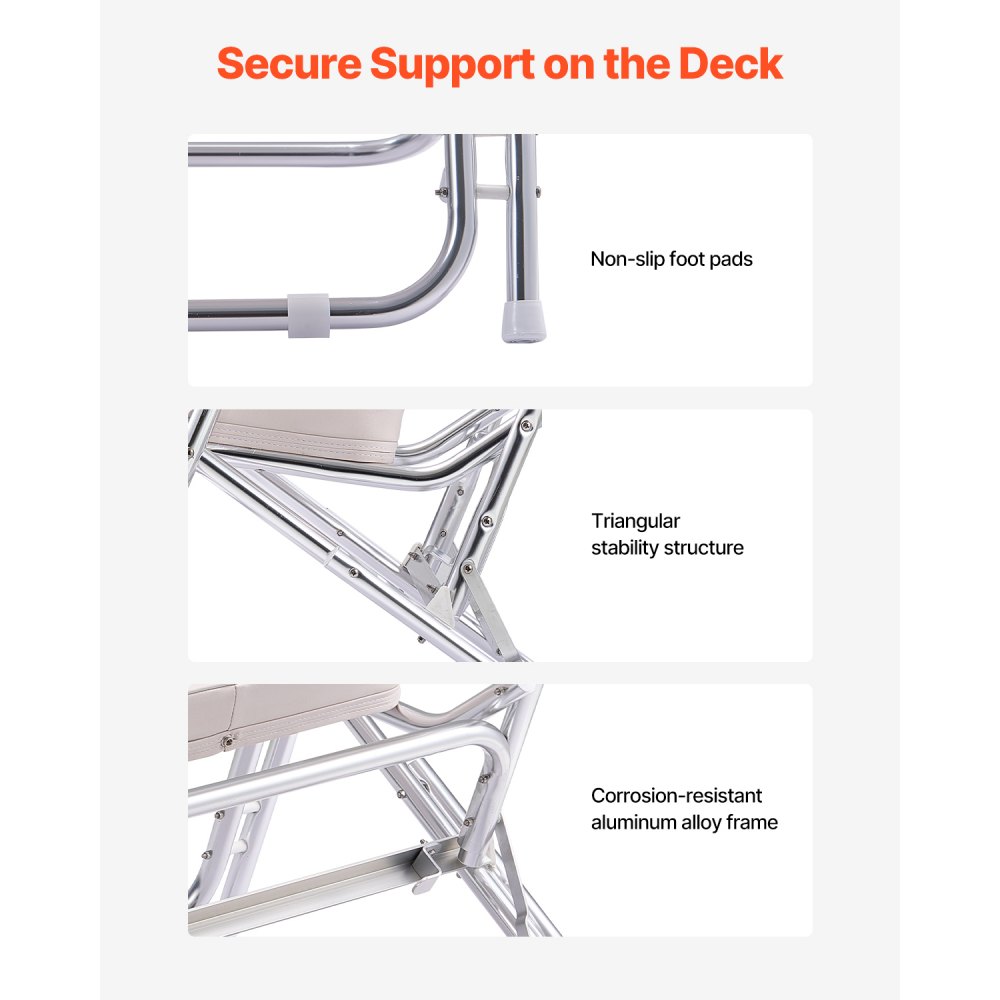 VEVOR Boat Seat, Folding Deck Chair Boat Seat with Aluminum Alloy Frame, Thickened Sponge Cushion & Waterproof PVC Leather, Padded Armrests & Non-slip Foot Pads, for Boats, Yachts, Ships, White