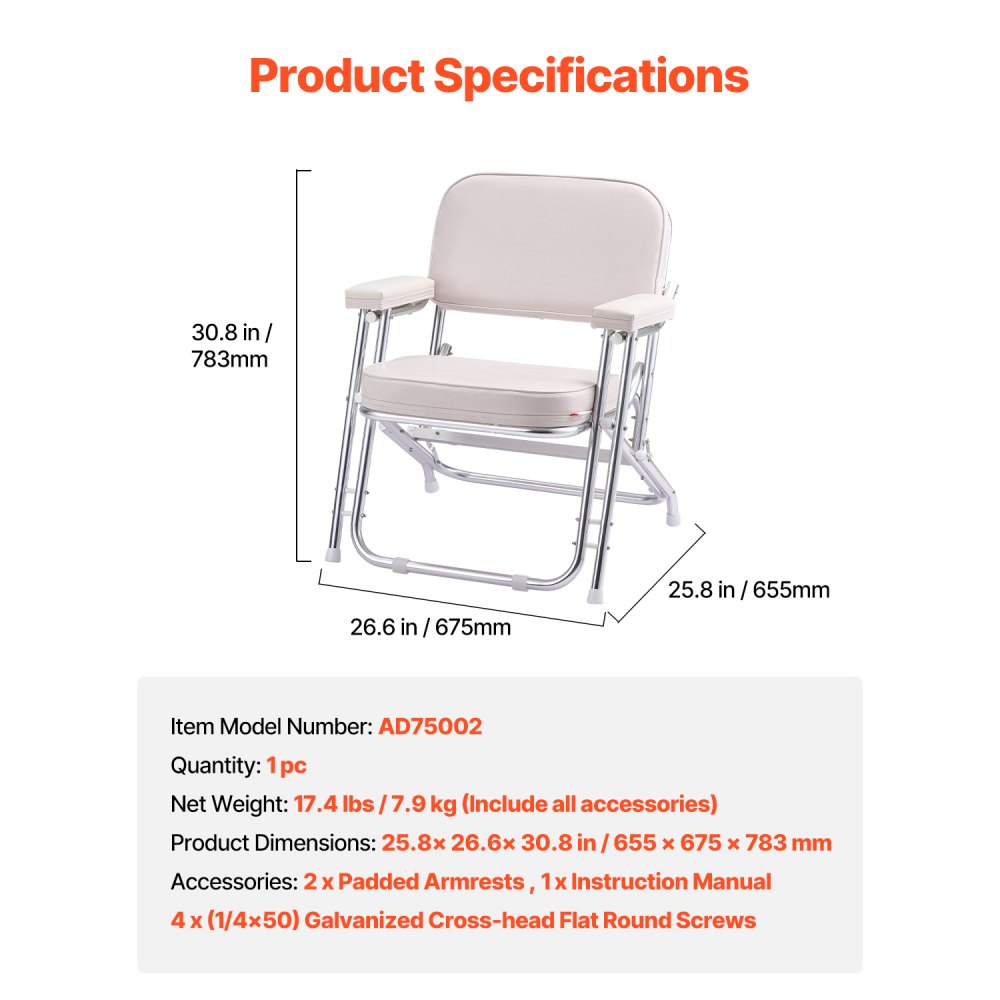 VEVOR Boat Seat, Folding Deck Chair Boat Seat with Aluminum Alloy Frame, Thickened Sponge Cushion & Waterproof PVC Leather, Padded Armrests & Non-slip Foot Pads, for Boats, Yachts, Ships, White