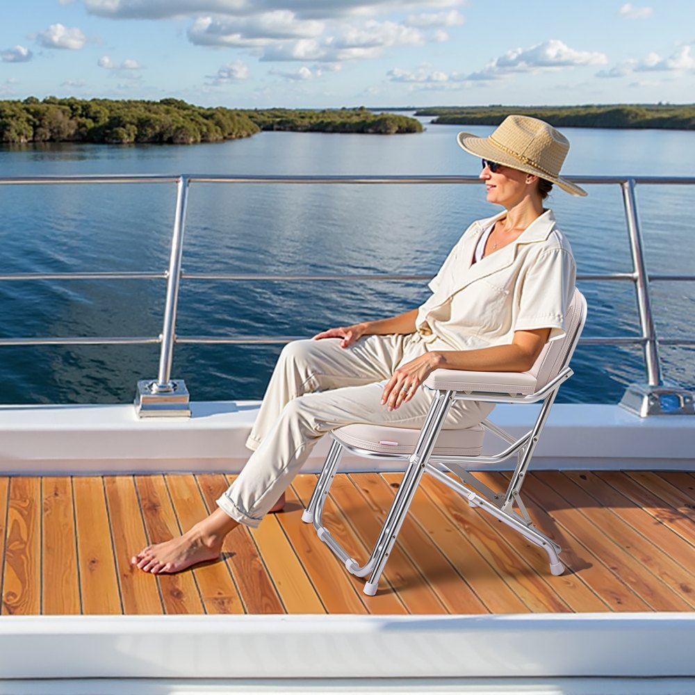VEVOR Boat Seat, Folding Deck Chair Boat Seat with Aluminum Alloy Frame, Thickened Sponge Cushion & Waterproof PVC Leather, Padded Armrests & Non-slip Foot Pads, for Boats, Yachts, Ships, White