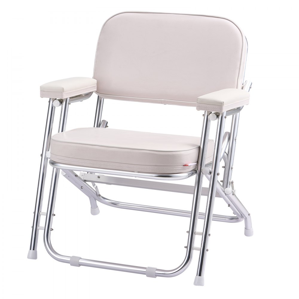 VEVOR Boat Seat, Folding Deck Chair Boat Seat with Aluminum Alloy Frame, Thickened Sponge Cushion & Waterproof PVC Leather, Padded Armrests & Non-slip Foot Pads, for Boats, Yachts, Ships, White