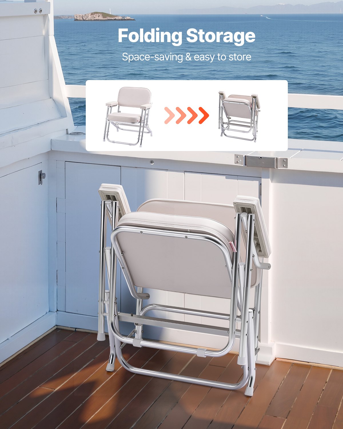 VEVOR Boat Seat, Folding Deck Chair Boat Seat with Aluminum Alloy Frame, Thickened Sponge Cushion & Waterproof PVC Leather, Padded Armrests & Non-slip Foot Pads, for Boats, Yachts, Ships, White