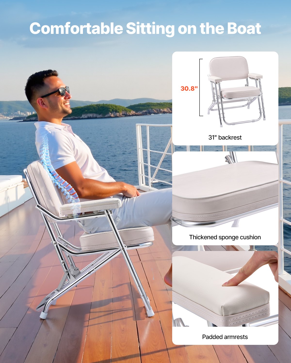 VEVOR Boat Seat, Folding Deck Chair Boat Seat with Aluminum Alloy Frame, Thickened Sponge Cushion & Waterproof PVC Leather, Padded Armrests & Non-slip Foot Pads, for Boats, Yachts, Ships, White
