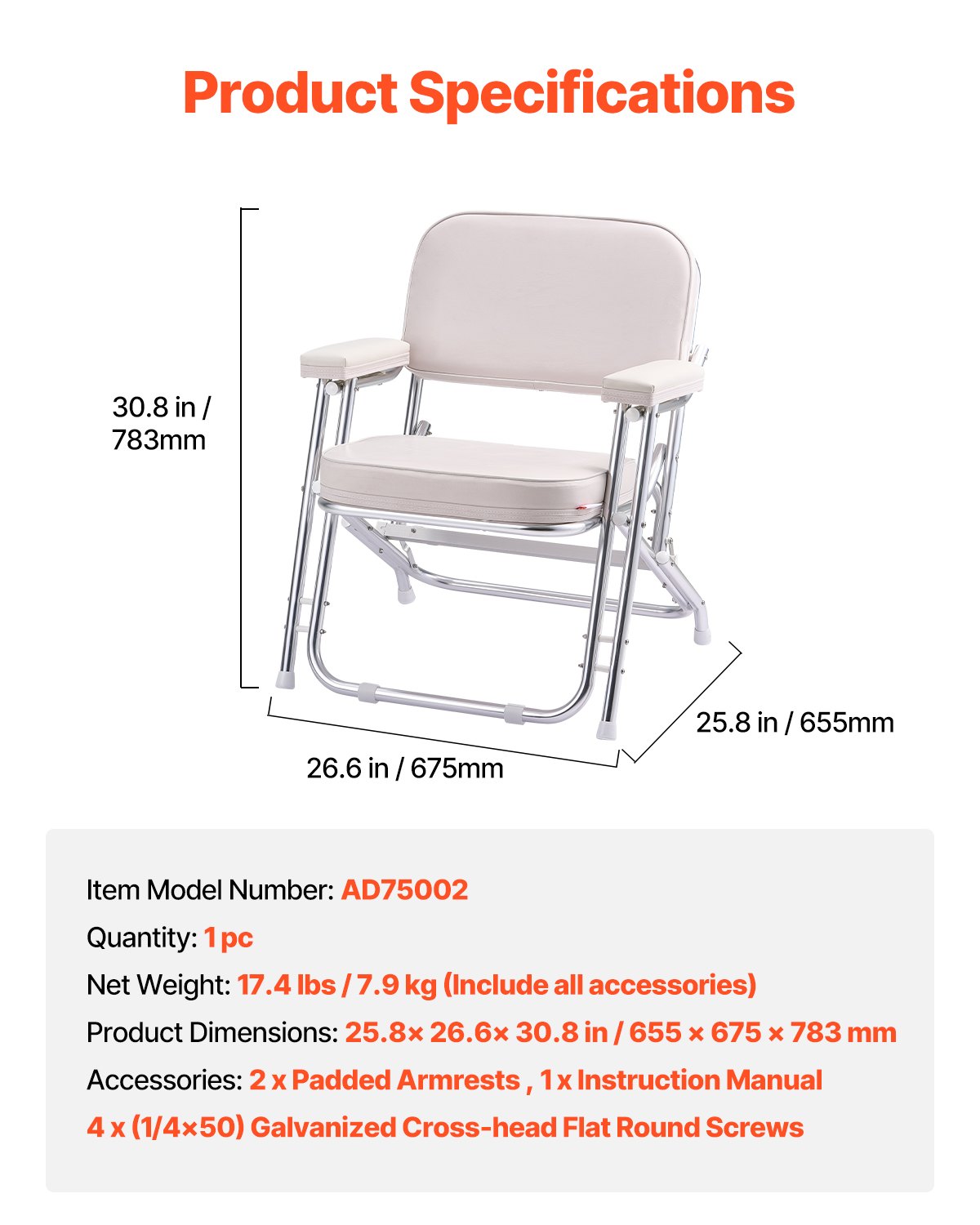 VEVOR Boat Seat, Folding Deck Chair Boat Seat with Aluminum Alloy Frame, Thickened Sponge Cushion & Waterproof PVC Leather, Padded Armrests & Non-slip Foot Pads, for Boats, Yachts, Ships, White