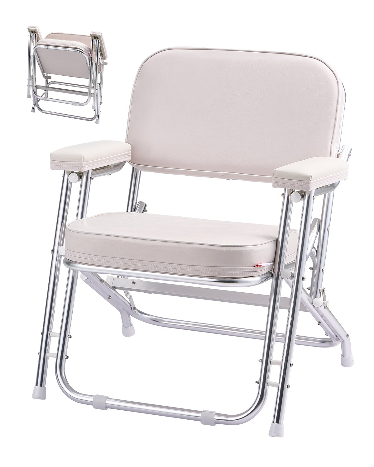 VEVOR Boat Seat, Folding Deck Chair Boat Seat with Aluminum Alloy Frame, Thickened Sponge Cushion & Waterproof PVC Leather, Padded Armrests & Non-slip Foot Pads, for Boats, Yachts, Ships, White