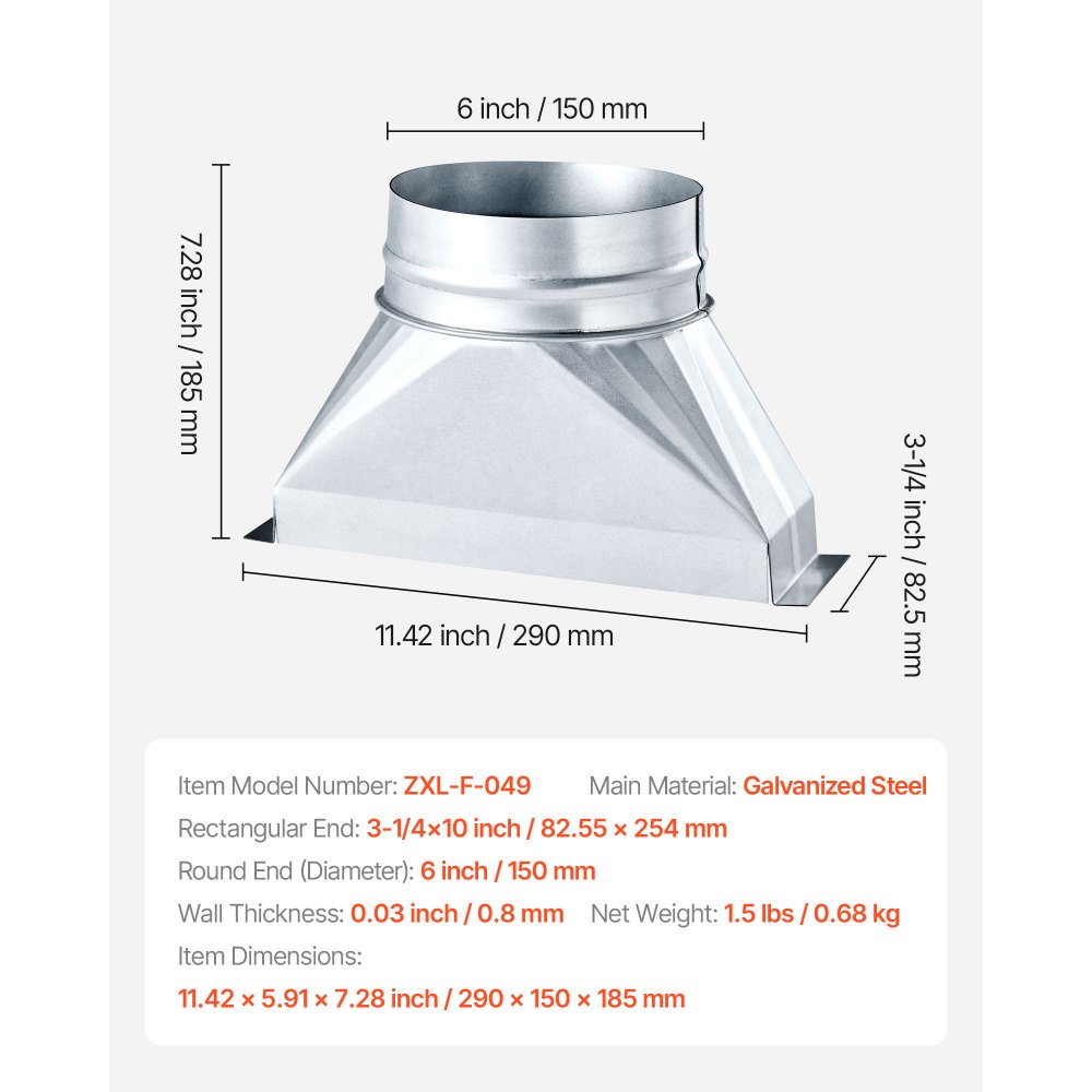 VEVOR - Bota para conducto de 3-1/4 x 10 x 6 pulgadas, para transición de tubería galvanizada a redonda, herramienta de registro de piso galvanizado para ventilación central y sistema HVAC, fácil instalación, color plateado (tubo redondo de 6 pulgadas)