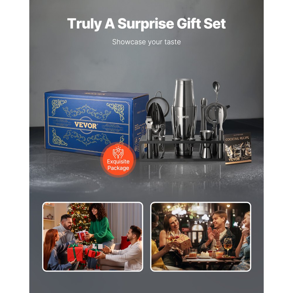 VEVOR Cocktail Shaker Set, 13-Piece Stainless Steel Bar Tools with Bamboo Stand, Boston Bartender Kit | Mixer Spoon, Muddler, Jigger, Strainer, Liquor Pourers, Ice Scoop, Lemon Zester, Gunmetal