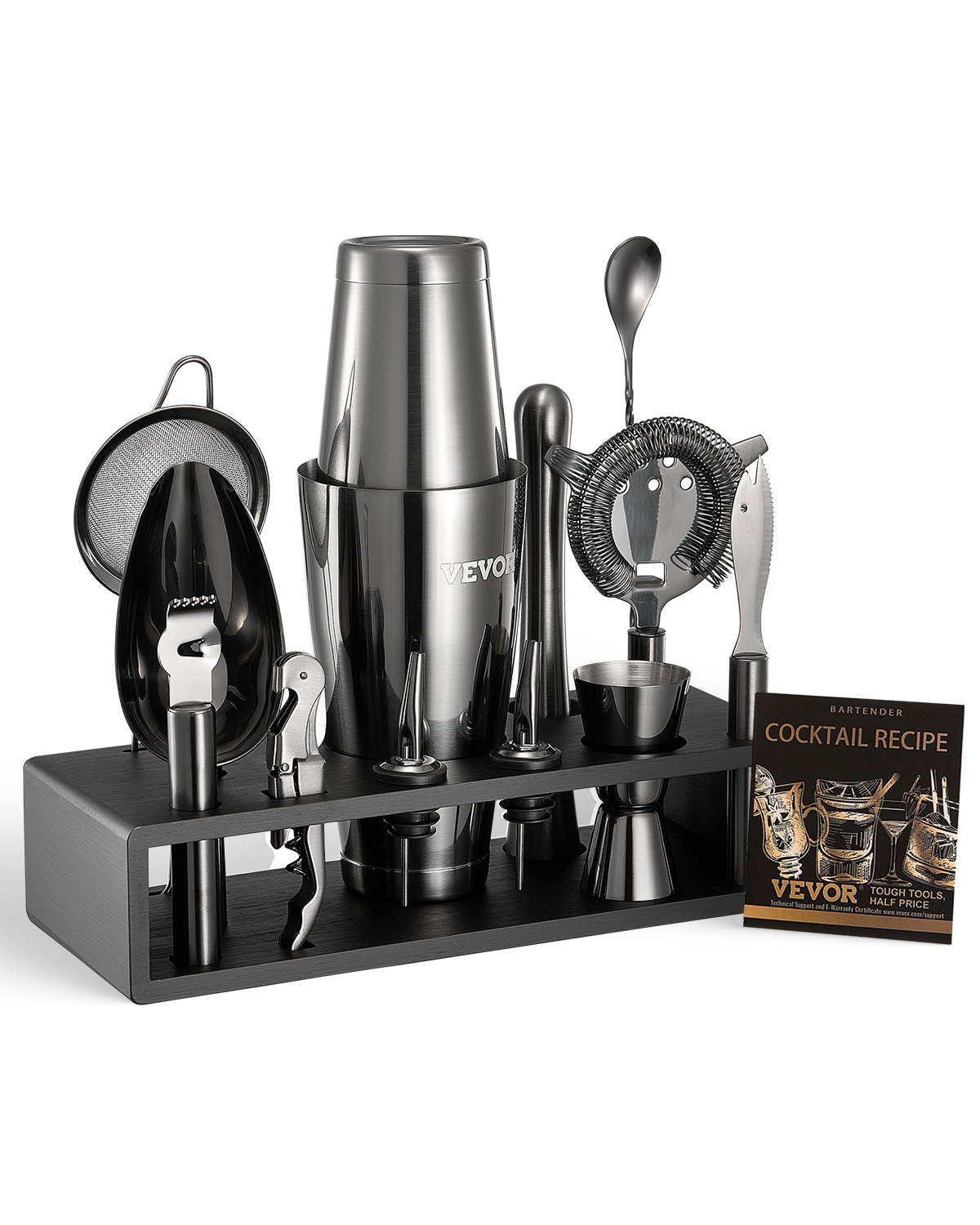 VEVOR Cocktail Shaker Set, 13-Piece Stainless Steel Bar Tools with Bamboo Stand, Boston Bartender Kit | Mixer Spoon, Muddler, Jigger, Strainer, Liquor Pourers, Ice Scoop, Lemon Zester, Gunmetal