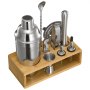 Juego de coctelera VEVOR, 10 piezas de acero inoxidable con soporte de bambú, accesorios para barman de Martini | Cuchara mezcladora, mortero, medidor, colador, vertedor de licor, pinza para hielo, sacacorchos, plateado