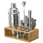 Juego de coctelera VEVOR, 10 piezas de acero inoxidable con soporte de bambú, accesorios para barman de Martini | Cuchara mezcladora, mortero, medidor, colador, vertedor de licor, pinza para hielo, sacacorchos, plateado