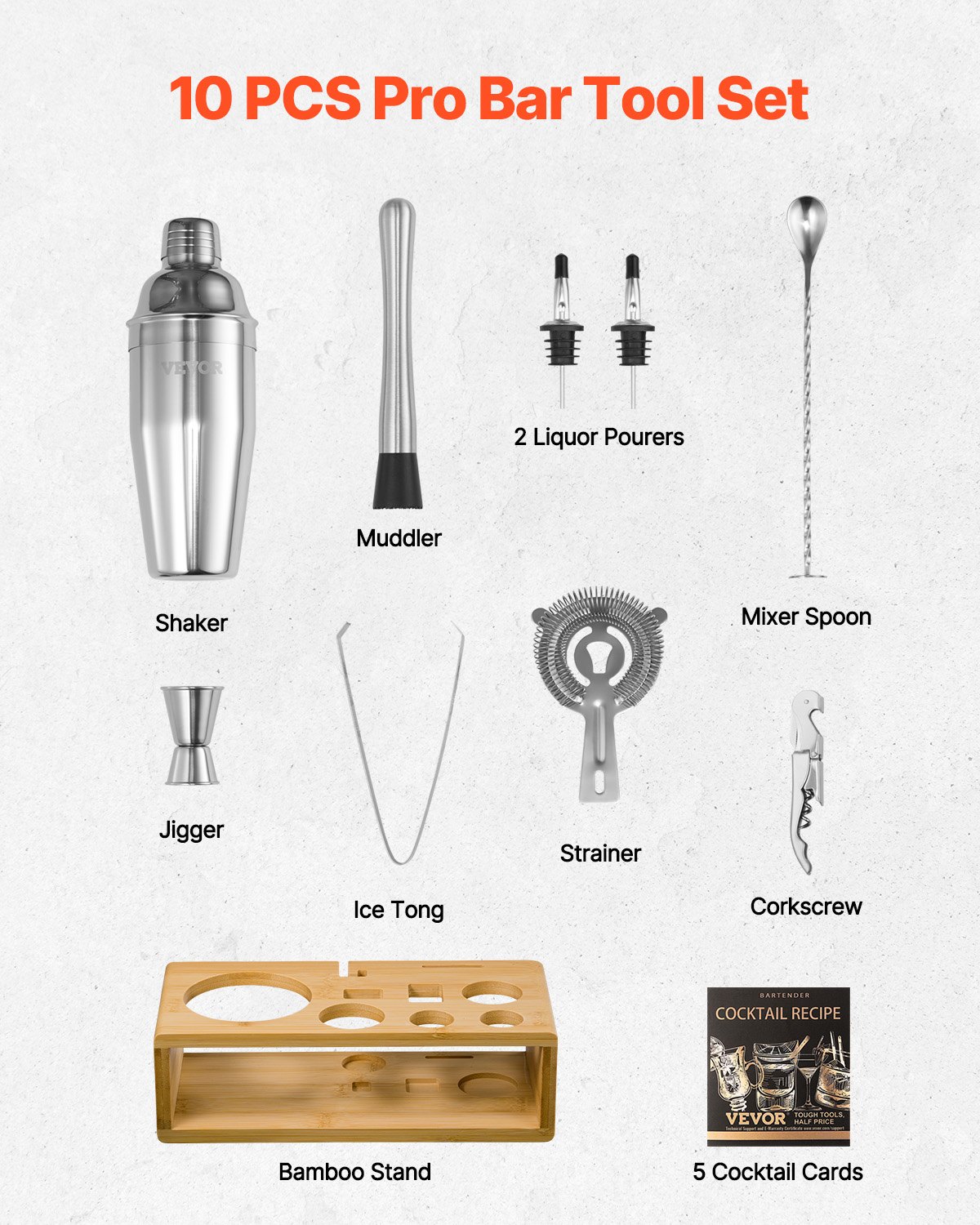 VEVOR Cocktail Shaker Set, 10-Piece Stainless Steel Bar Tools with Bamboo Stand, Martini Bartender Kit Accessories | Mixer Spoon, Muddler, Jigger, Strainer, Liquor Pourers, Ice Tong, Corkscrew, Silver