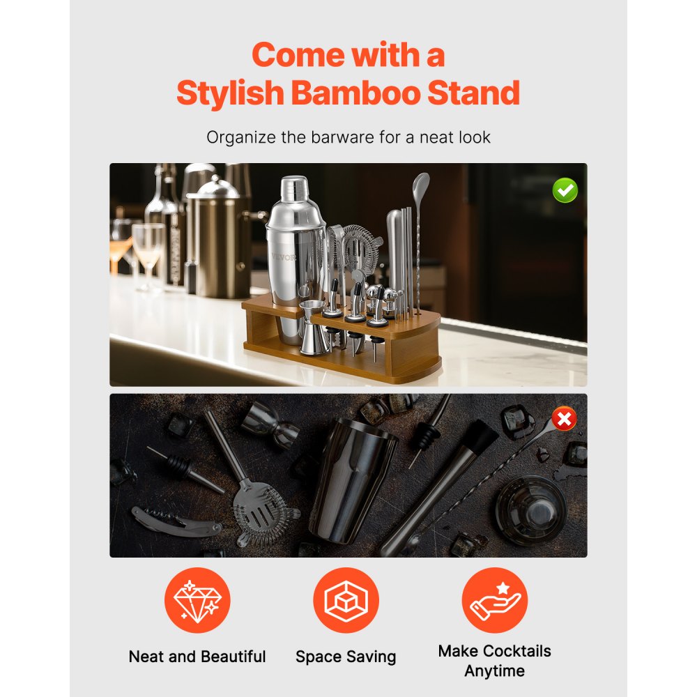 VEVOR Cocktail Shaker Set, 18-Piece Stainless Steel Bar Tools with Bamboo Stand, Martini Bartender Kit Accessories | Mixer Spoon, Muddler, Jigger, Strainer, Liquor Pourers, Ice Tong, Corkscrew, Silver