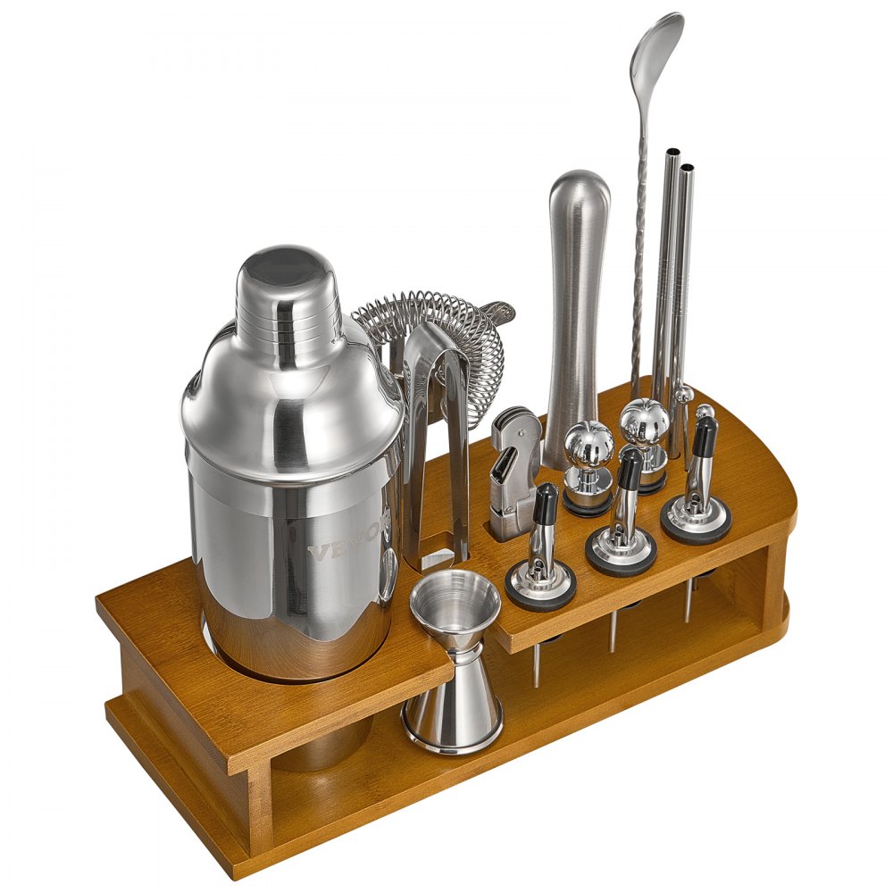 VEVOR Cocktail Shaker Set, 18-Piece Stainless Steel Bar Tools with Bamboo Stand, Martini Bartender Kit Accessories | Mixer Spoon, Muddler, Jigger, Strainer, Liquor Pourers, Ice Tong, Corkscrew, Silver