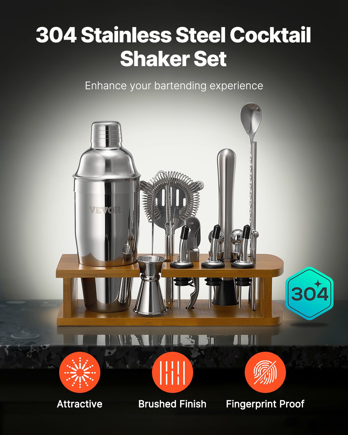 VEVOR Cocktail Shaker Set, 18-Piece Stainless Steel Bar Tools with Bamboo Stand, Martini Bartender Kit Accessories | Mixer Spoon, Muddler, Jigger, Strainer, Liquor Pourers, Ice Tong, Corkscrew, Silver