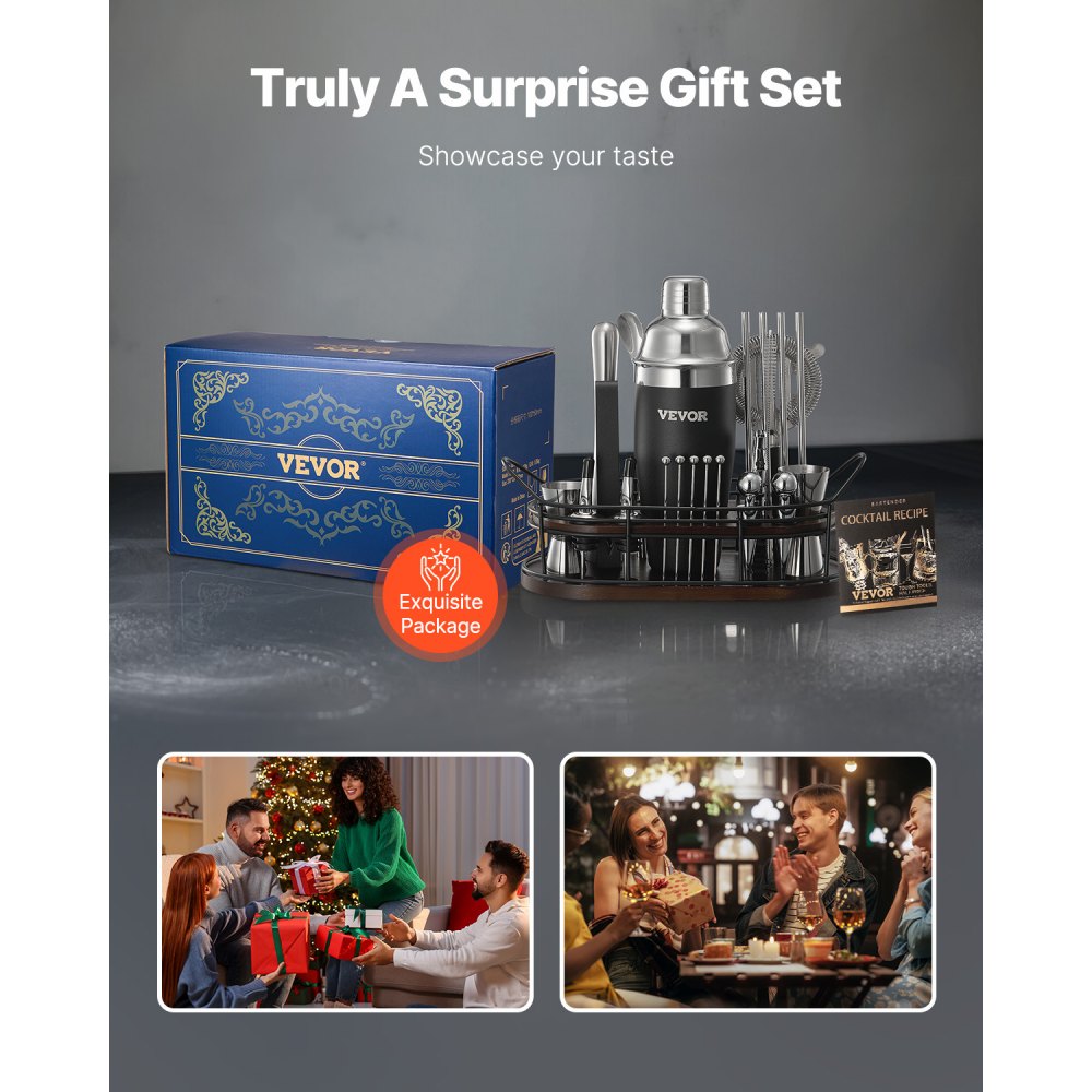 VEVOR Cocktail Shaker Set, 23-Piece Stainless Steel Bar Tools with Bamboo Stand, Martini Bartender Kit Accessories | Mixer Spoon, Muddler, Jiggers, Strainer, Liquor Pourers, Ice Tong, Corkscrew