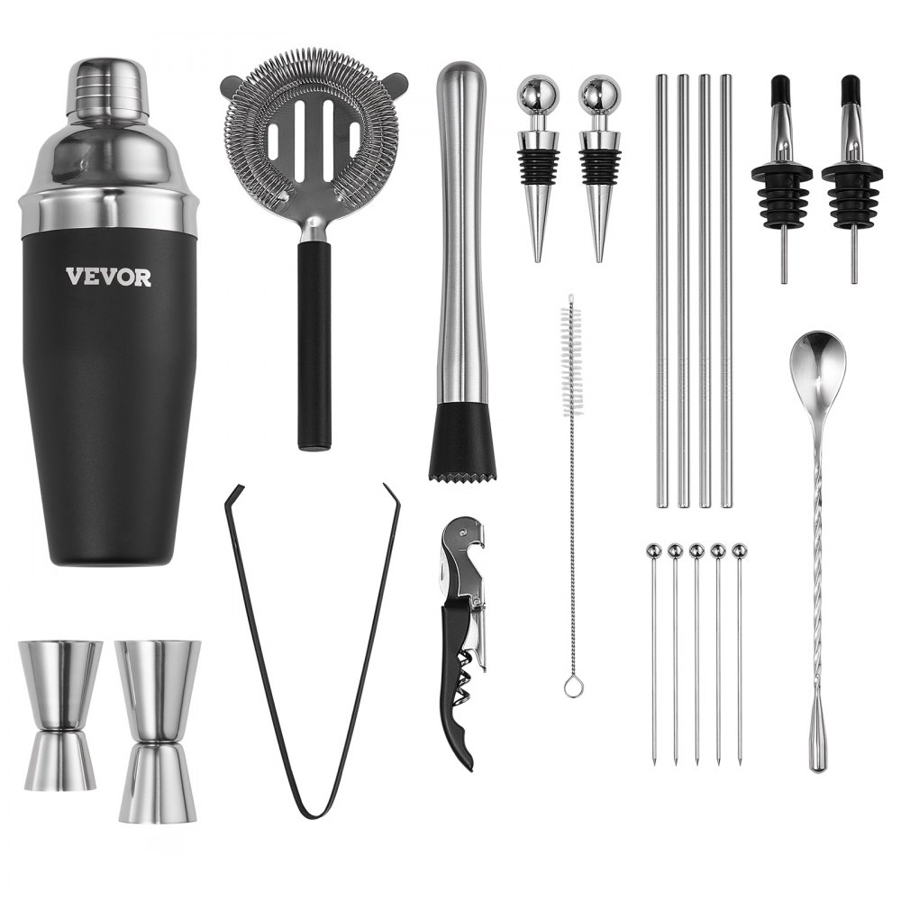 VEVOR Cocktail Shaker Set, 23-Piece Stainless Steel Bar Tools with Bamboo Stand, Martini Bartender Kit Accessories | Mixer Spoon, Muddler, Jiggers, Strainer, Liquor Pourers, Ice Tong, Corkscrew
